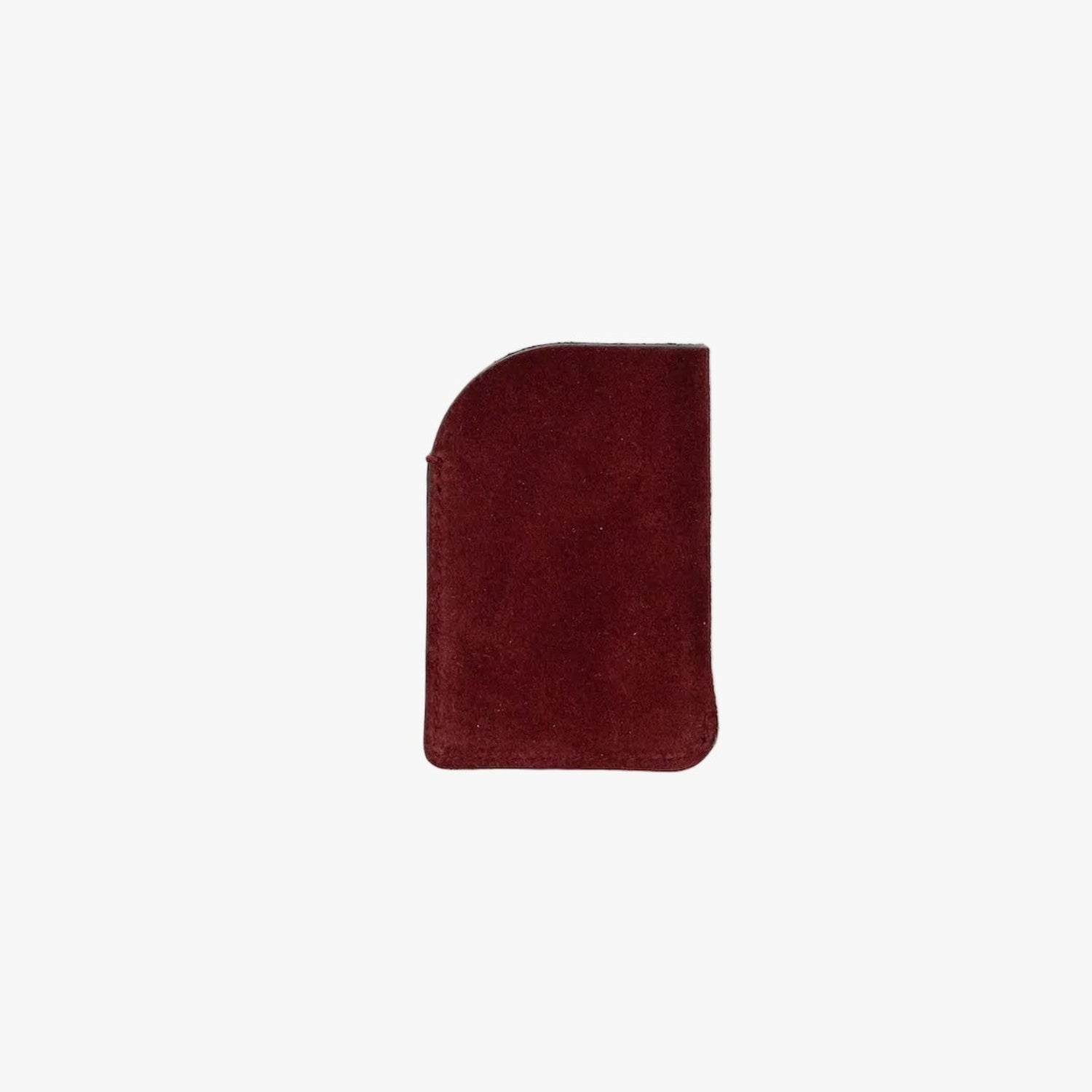 STOW London's Mini Cardholder in Burgundy Suede leather on a light grey background 