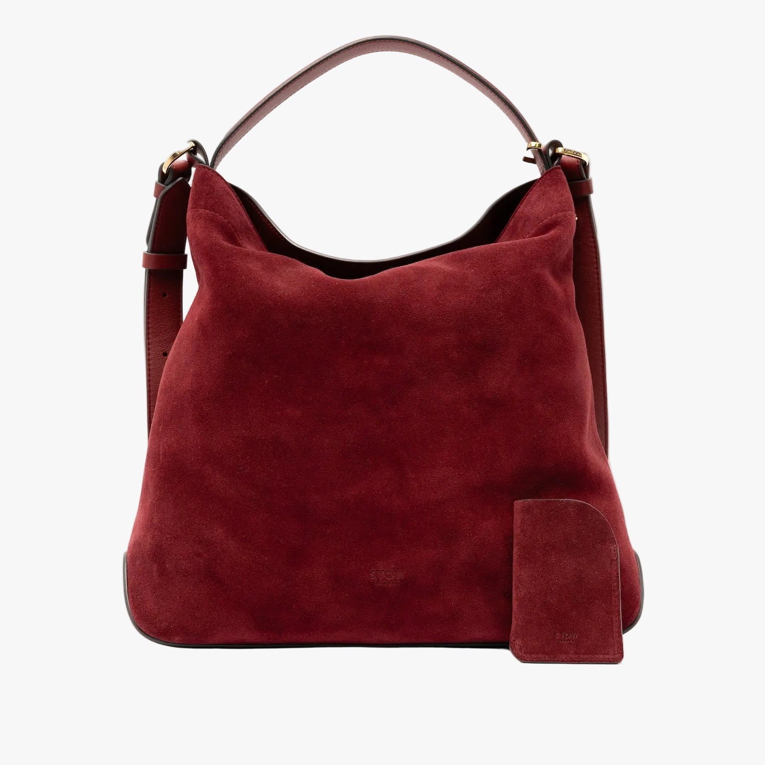 STOW London's Mini Cardholder in Burgundy Suede leather and matching Curve bag on a light grey background featuring a small embossed logo on the front bottom