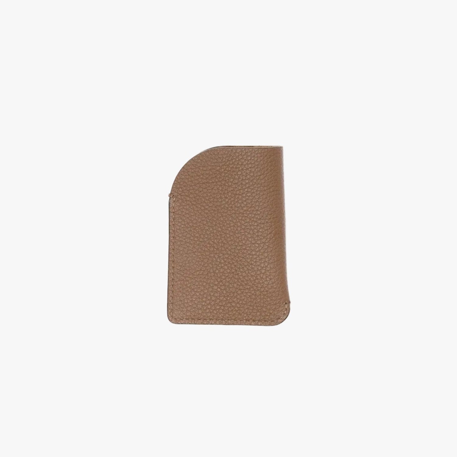 Back panel of STOW London's Mini Cardholder in Mocha pebbled leather on a light grey background  