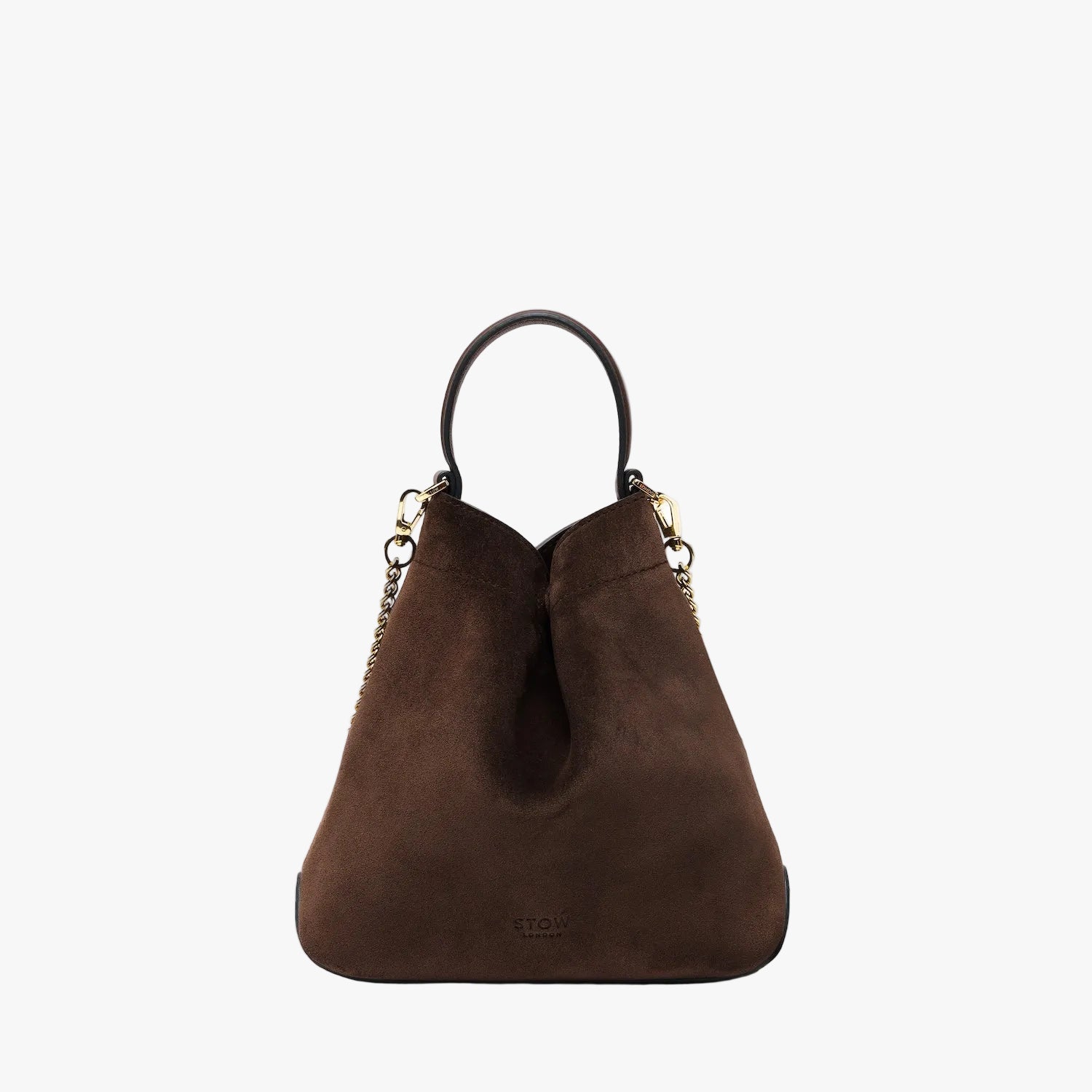 STOW London's Mini Curve in Chocolate suede leather and detachable gold chain crossbody strap on a light grey background 