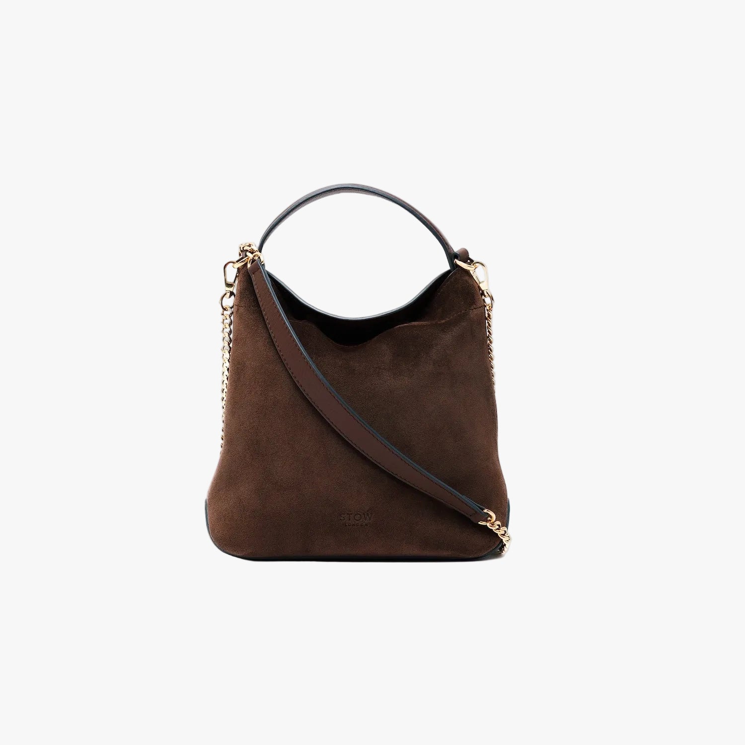 STOW London's Mini Curve in Chocolate suede leather and detachable gold chain crossbody strap on a light grey background