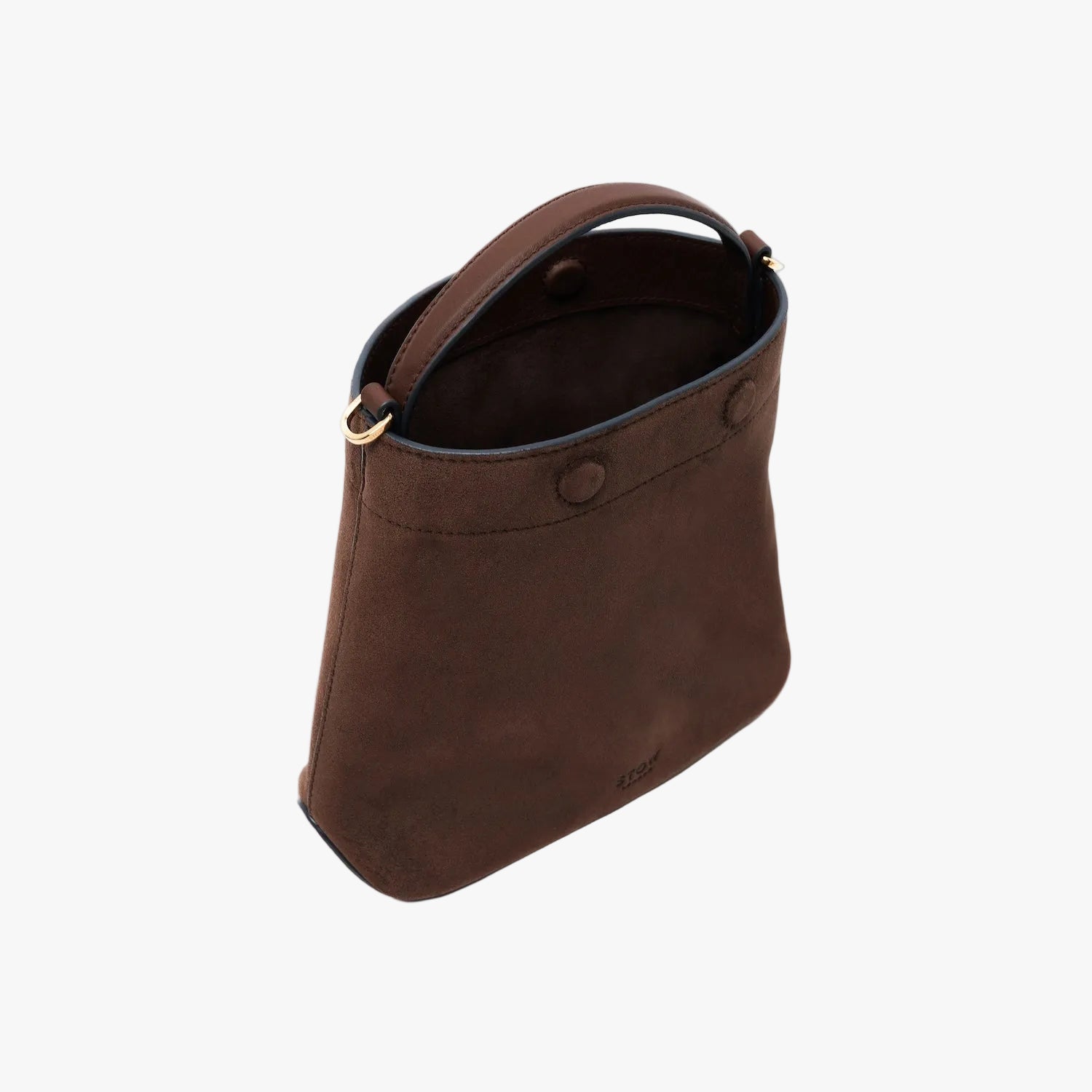 STOW London's Mini Curve in Chocolate suede leather with magnets open showing suede interior on a light grey background featuring gold-coated stainless steel hardware