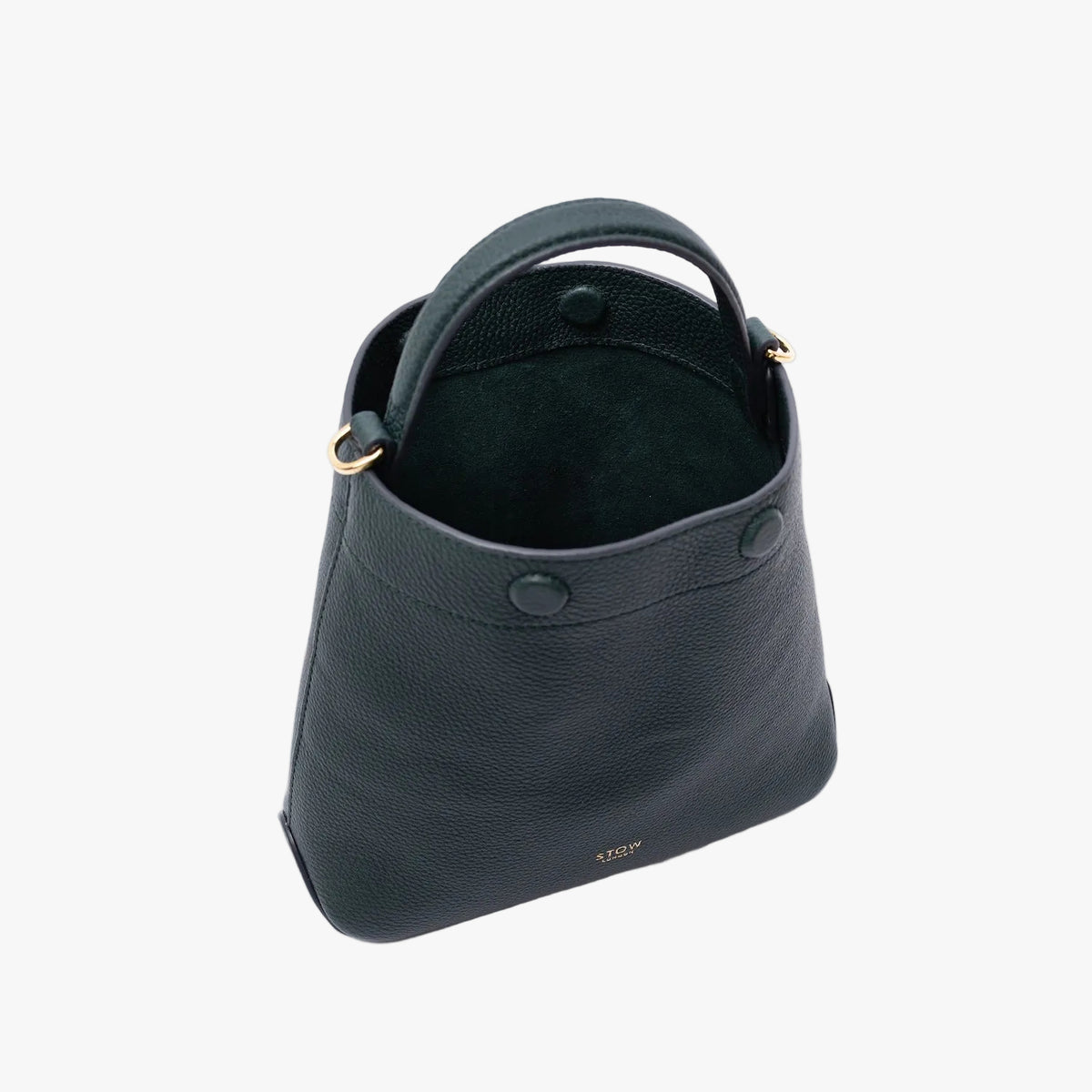 Top view of STOW London's Mini Curve in New Forest pebbled leather on a light grey background with magnets open showing the green suede interior 