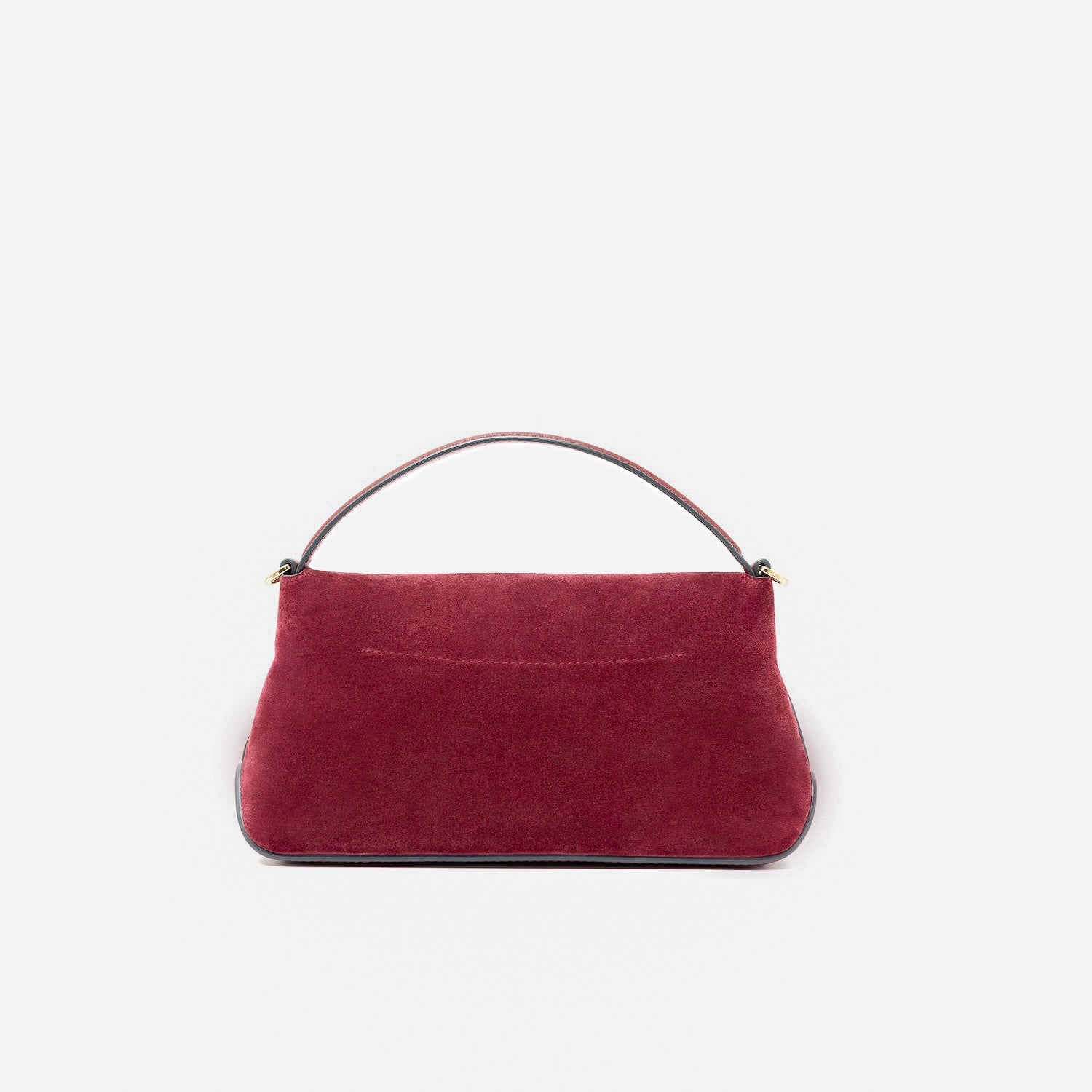 Back panel of STOW London's Mini East West in Burgundy suede leather featuring gold-coated stainless steel hardware on a light grey background