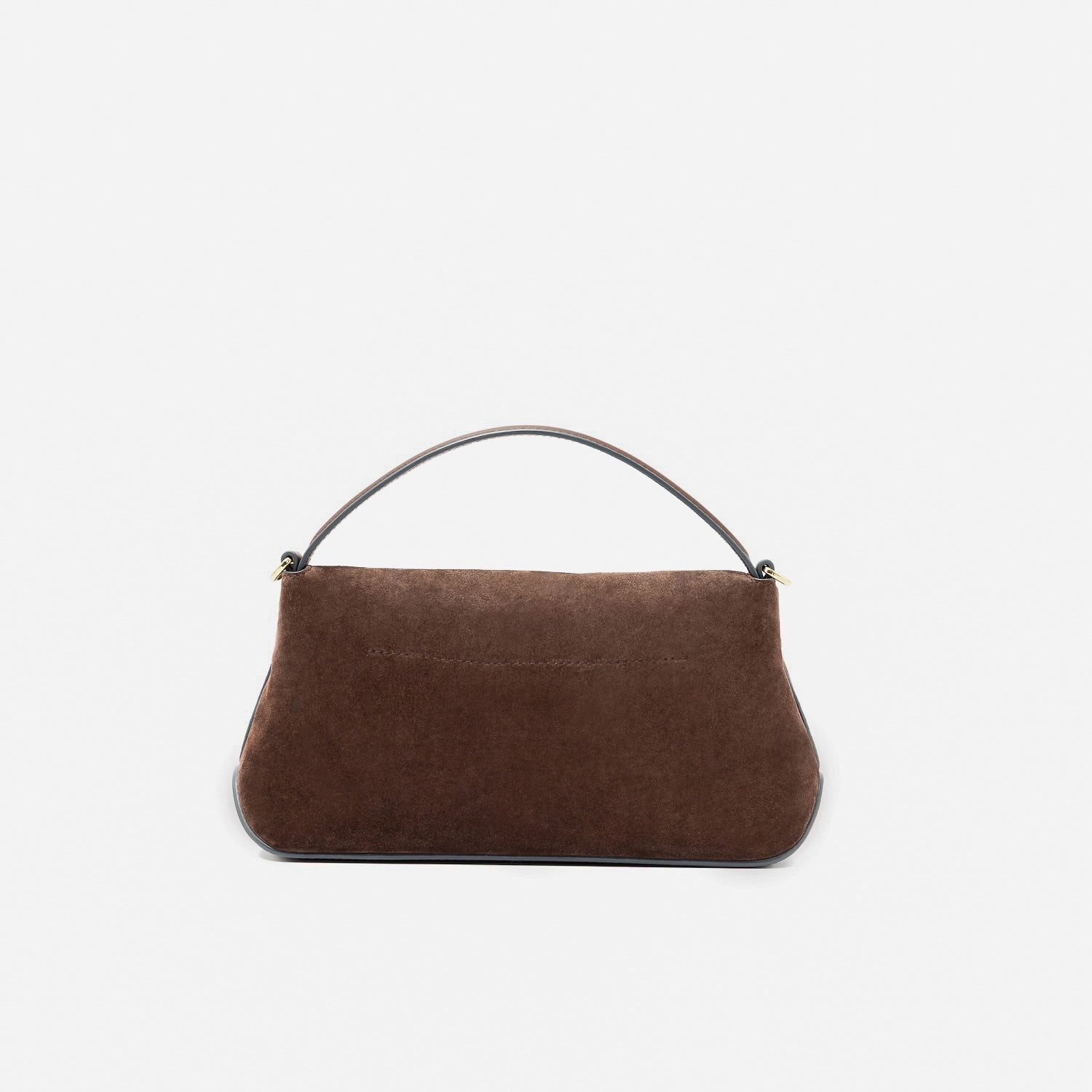 Back panel of STOW London's Mini East West in Chocolate suede leather featuring gold-coated stainless steel hardware on a light grey background