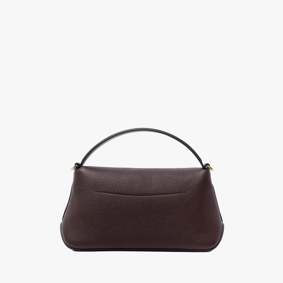 Back panel of STOW London's Mini East West in Espresso pebbled leather on a light grey background featuring gold-coated stainless steel hardware 