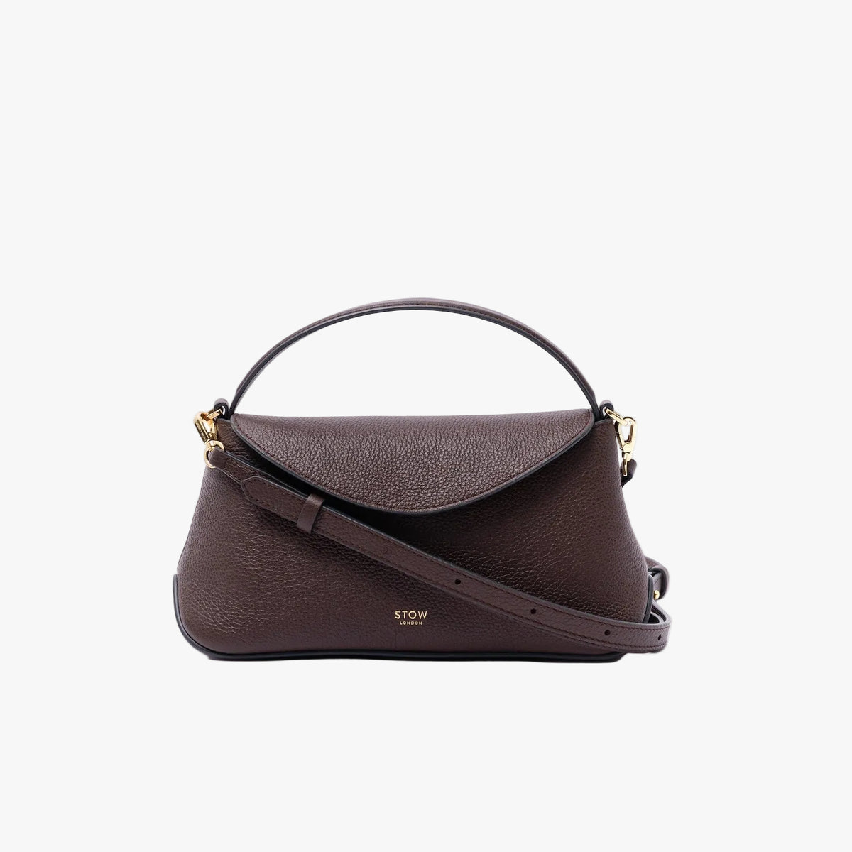 STOW London's Mini East West in Espresso pebbled leather on a light grey background featuring the detachable crossbody strap and gold-coated stainless steel hardware 