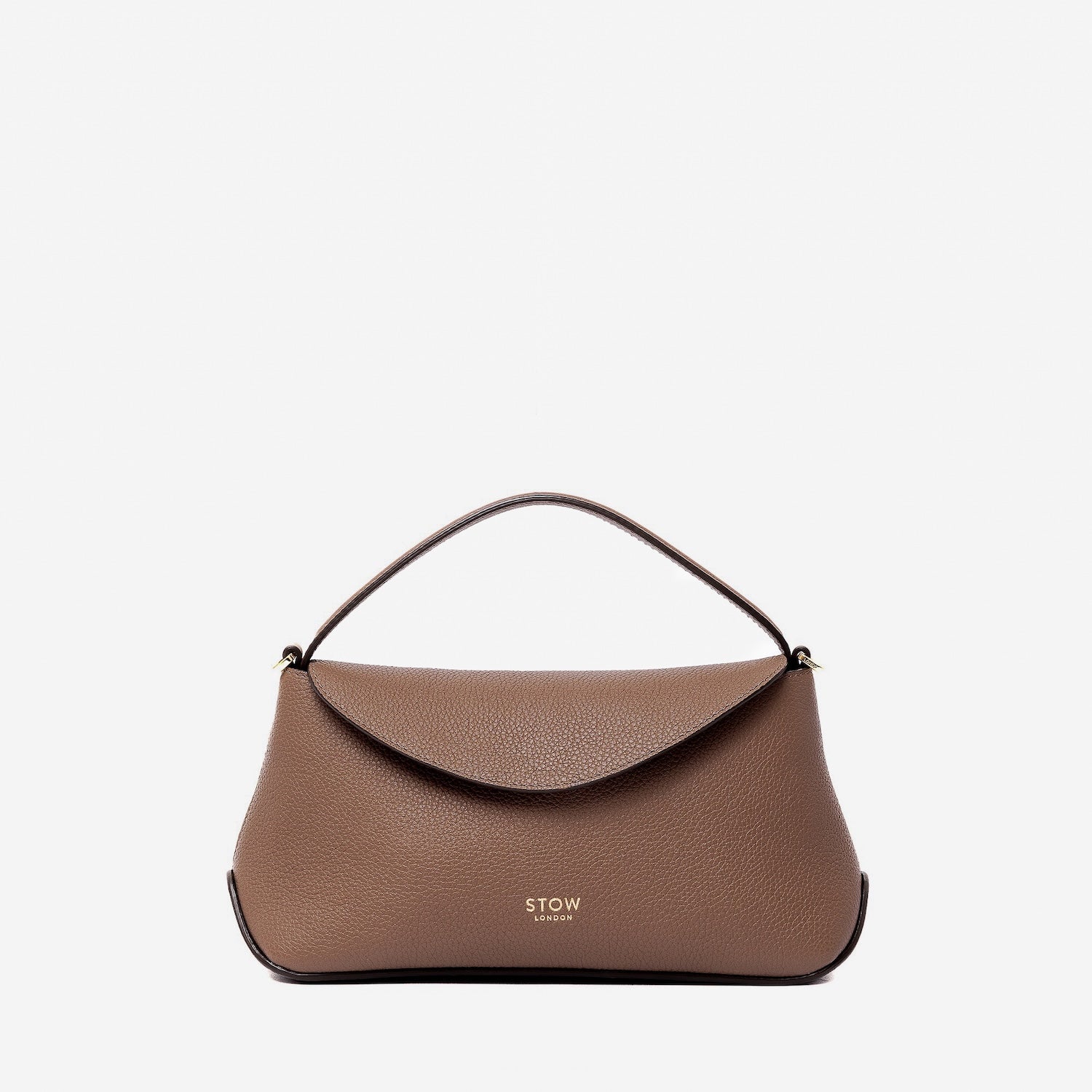 STOW London's Mini East West in Mocha pebbled leather featuring gold-coated stainless steel hardware on a light grey background