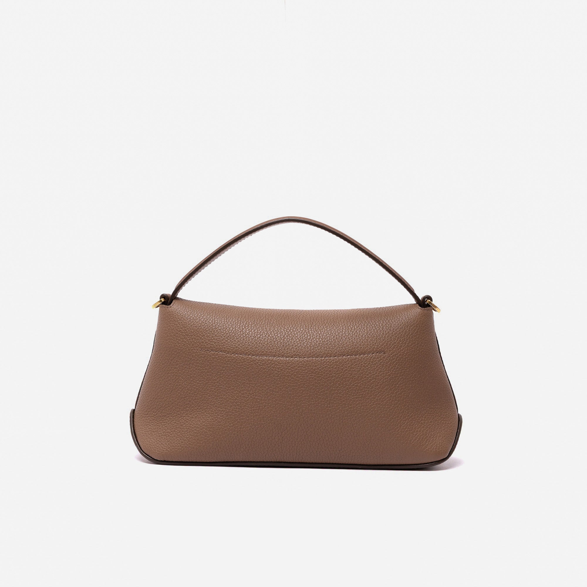 Back panel of STOW London's Mini East West in Mocha pebbled leather featuring gold-coated stainless steel hardware on a light grey background