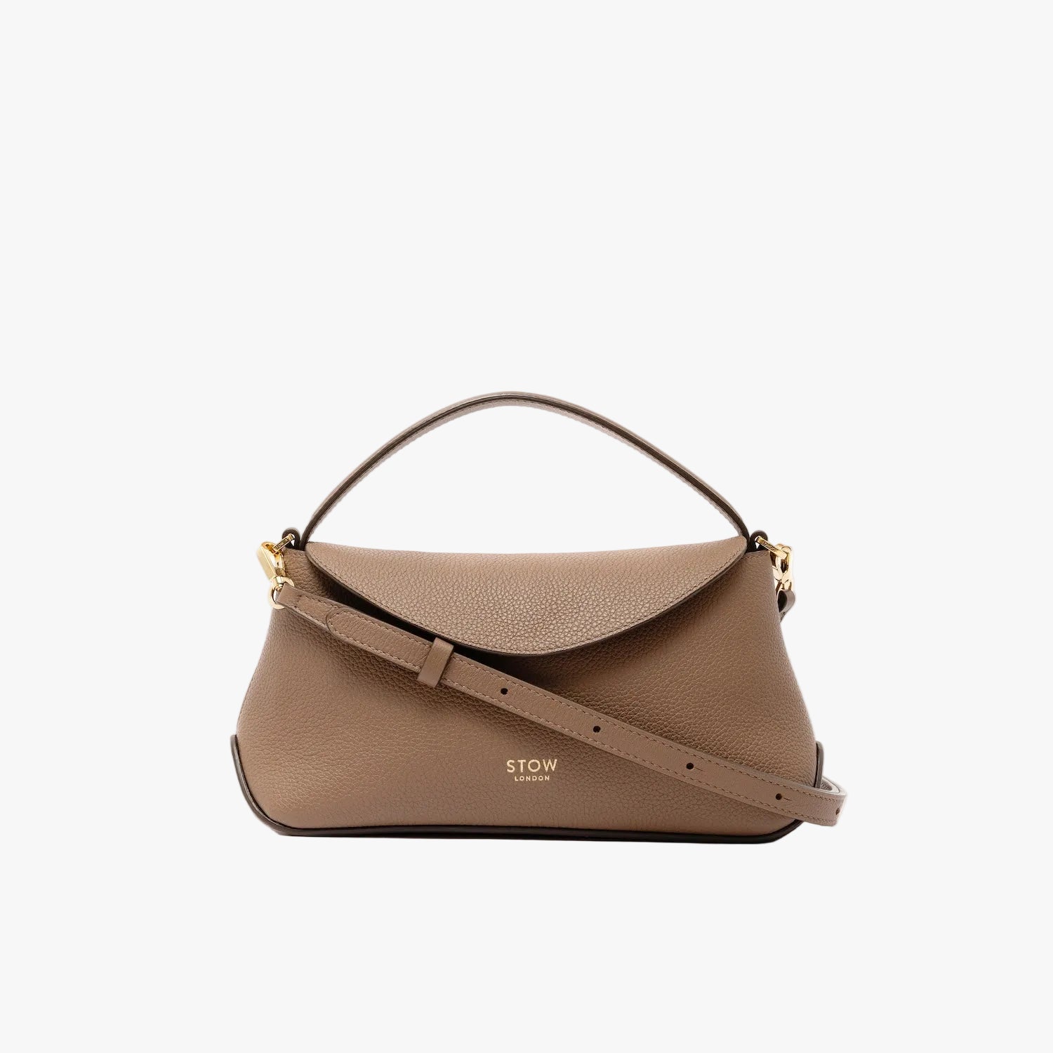 STOW London's Mini East West in Mocha pebbled leather and crossbody strap featuring gold-coated stainless steel hardware on a light grey background 