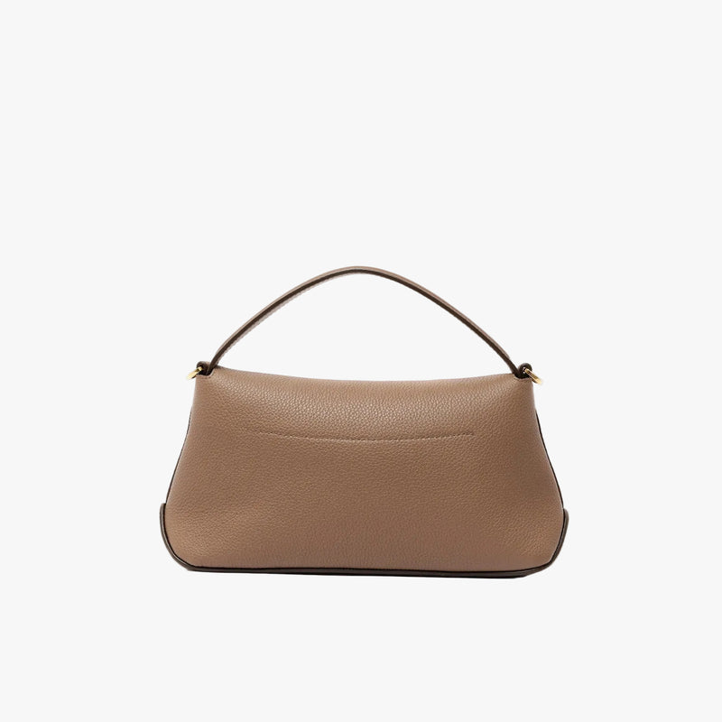 Back panel of STOW London's Mini East West in Mocha pebbled leather on a light grey background 