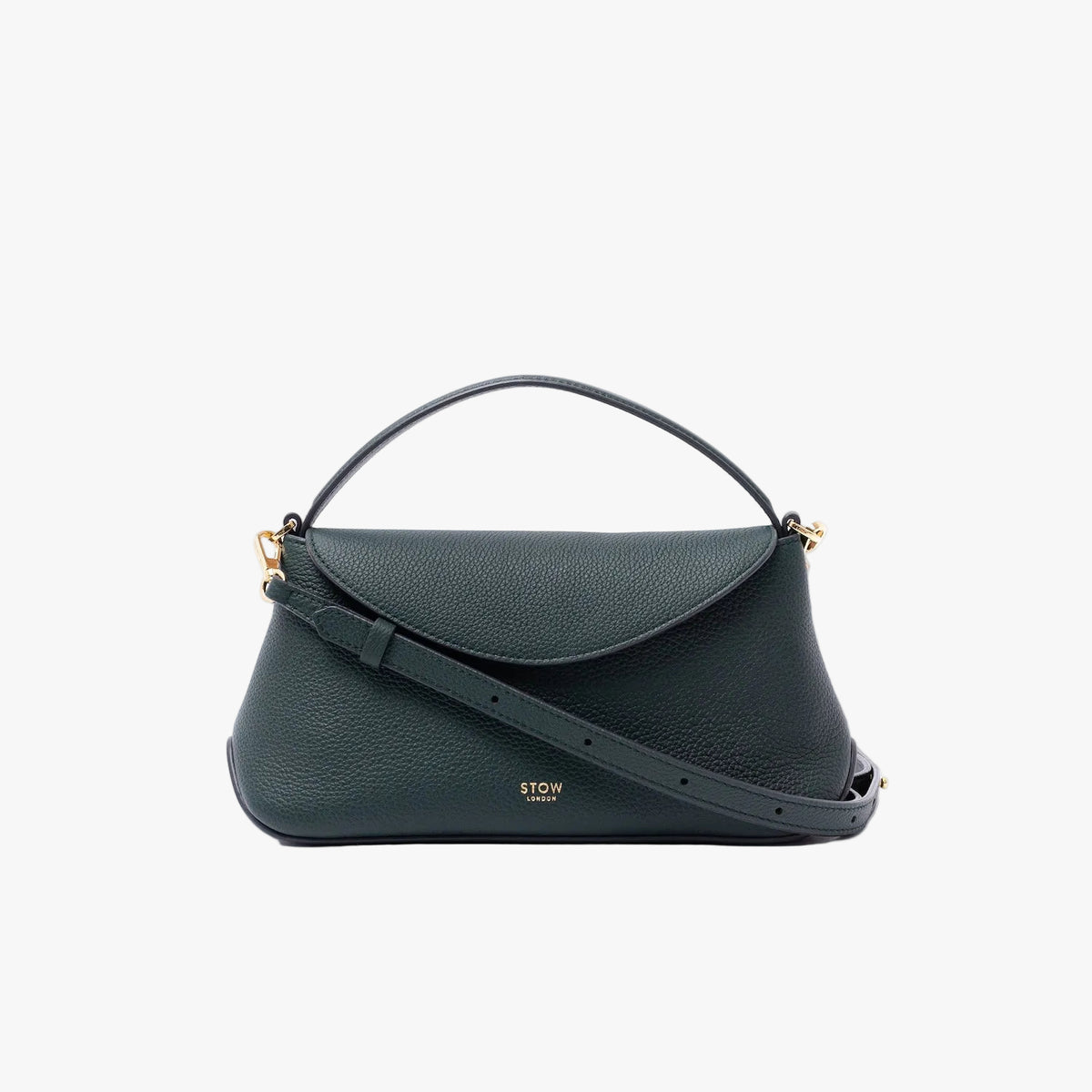 STOW London's Mini East West in New Forest pebbled leather on a light grey background featuring gold-coated stainless steel hardware and the detachable crossbody strap