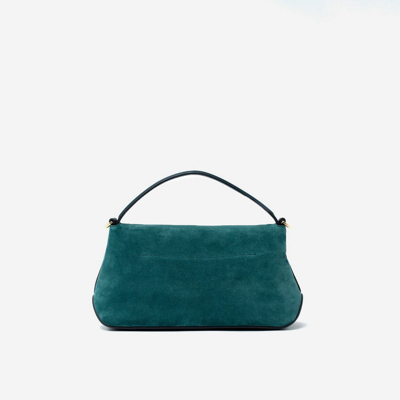 Back panel of STOW London's Mini East West in Ocean Teal suede leather featuring gold-coated stainless steel hardware on a light grey background