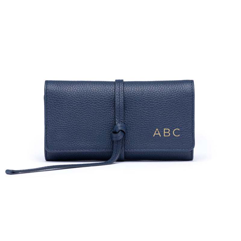 STOW London Mini Jewellery Roll in Navy colour with personalised initials on the flap.
