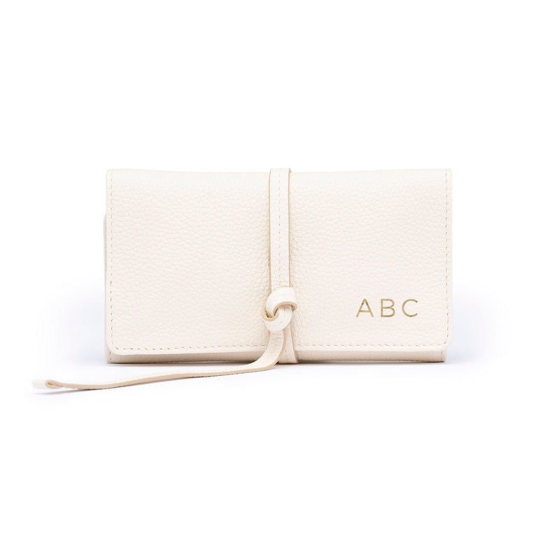 STOW Mini Jewellery Roll in Spring Moon colour with personalised initials on the flap.
