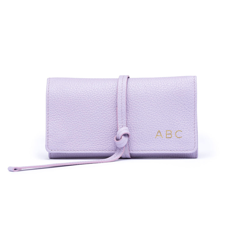 STOW London Mini Jewellery Roll in Wild Lavender leather with personalisation