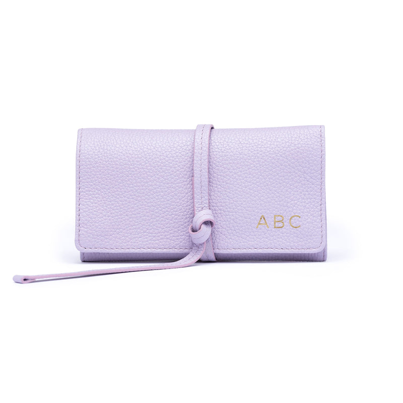 STOW Mini Jewellery Roll in Wild Lavender colour with personalised initials on the flap.