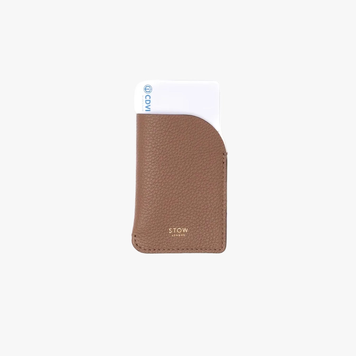 STOW London's Mini Cardholder in Mocha pebbled leather on a light grey background featuring a card sticking out the top and a small gold embossed logo on the front bottom