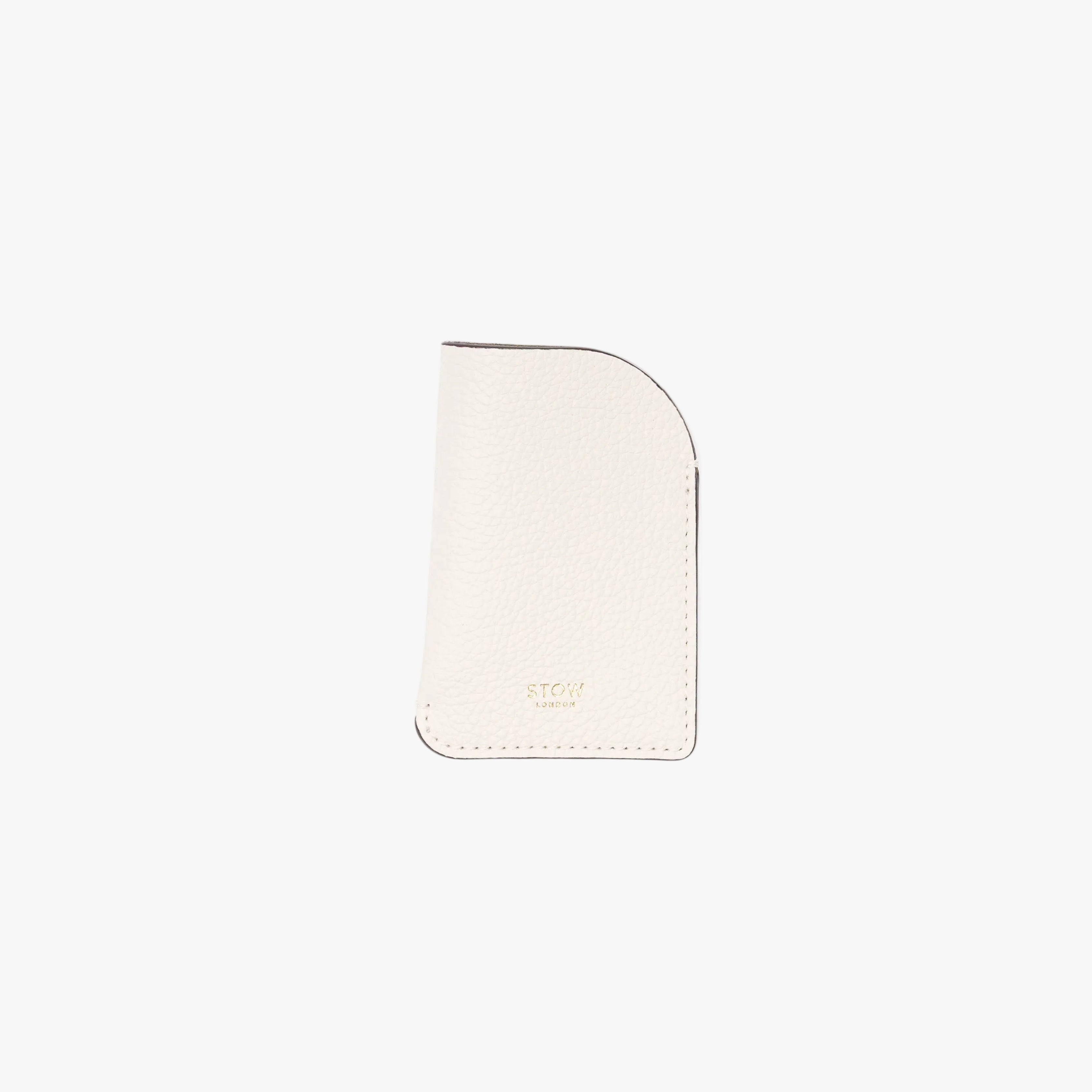 STOW London's Mini Cardholder in Cloud Grey pebbled leather on a light grey background featuring a small gold embossed logo on the front bottom