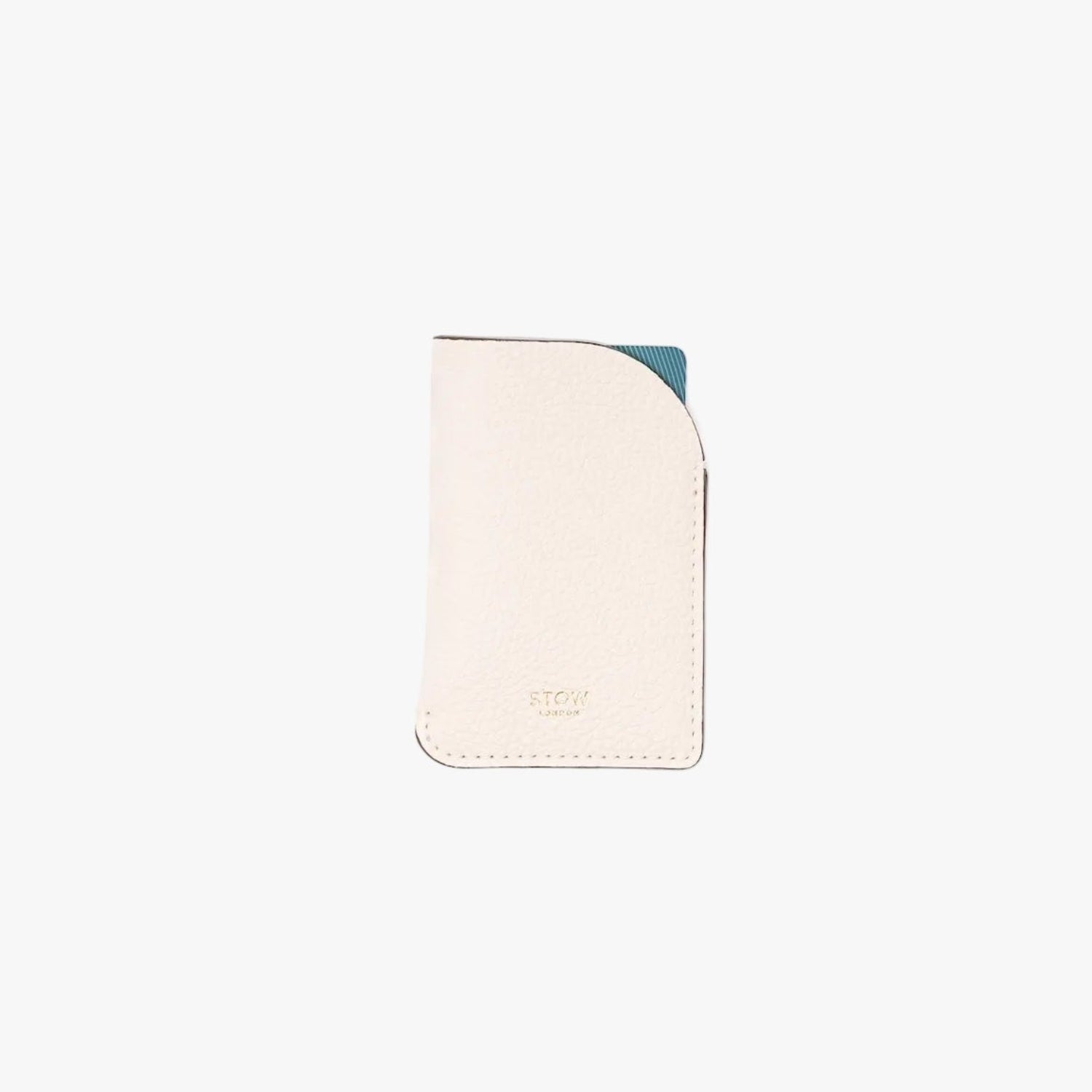 STOW London's Mini Cardholder in Spring Moon pebbled leather with a blue card inside on a light grey background featuring a small gold embossed logo on the front bottom