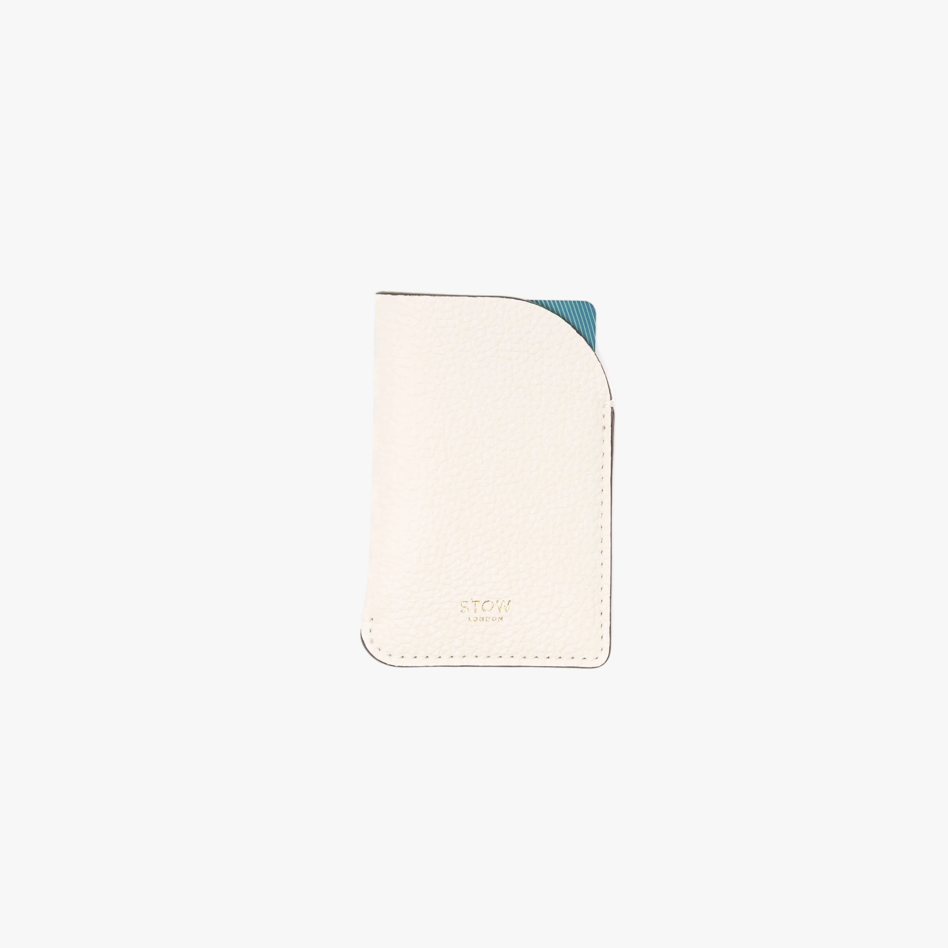 STOW London's Mini Cardholder in Spring Moon pebbled leather on a light grey background featuring a card inside and a small gold embossed logo on the front bottom