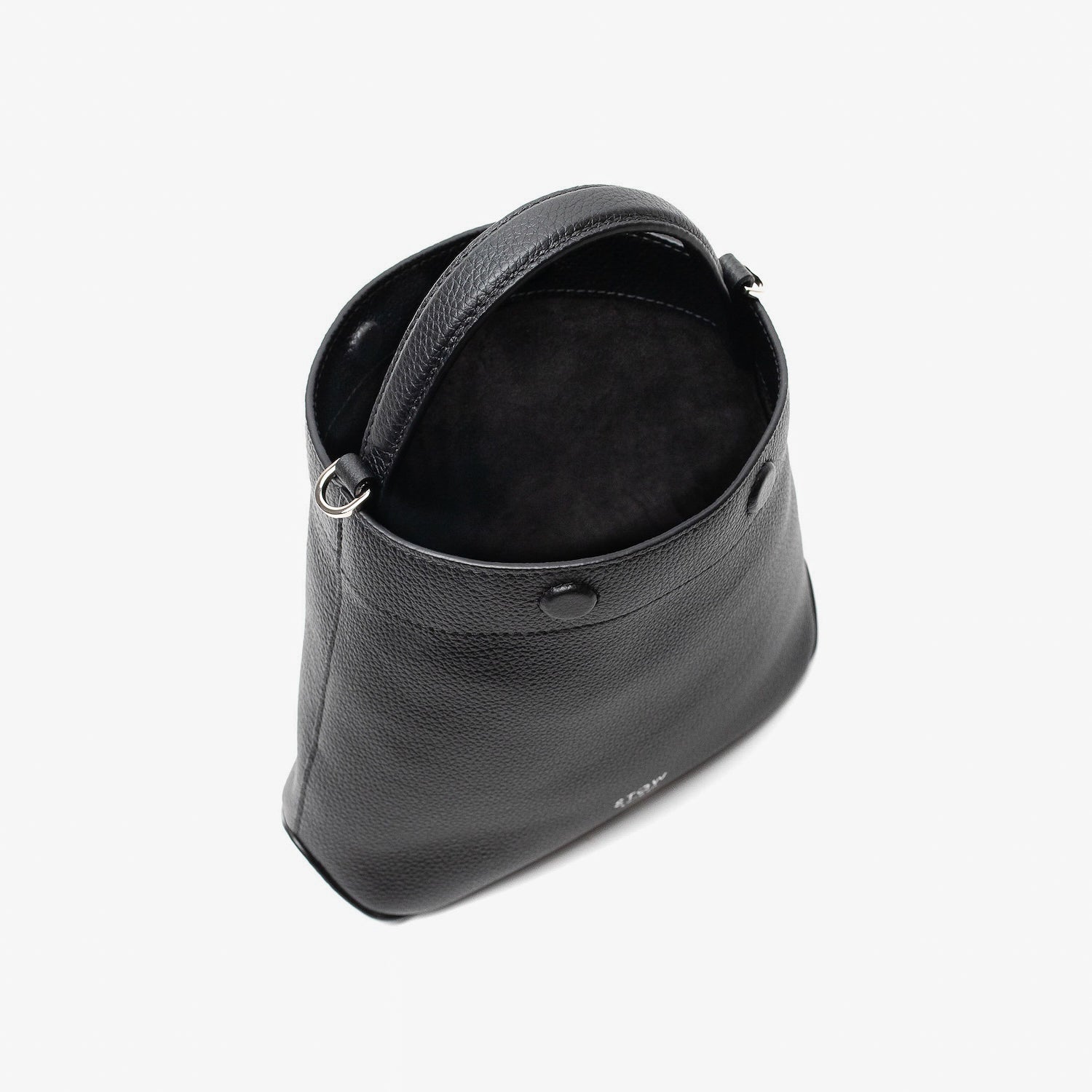 Stow London's Mini Curve in Black pebbled leather with magnets open showing black suede interior lining on a light grey background 