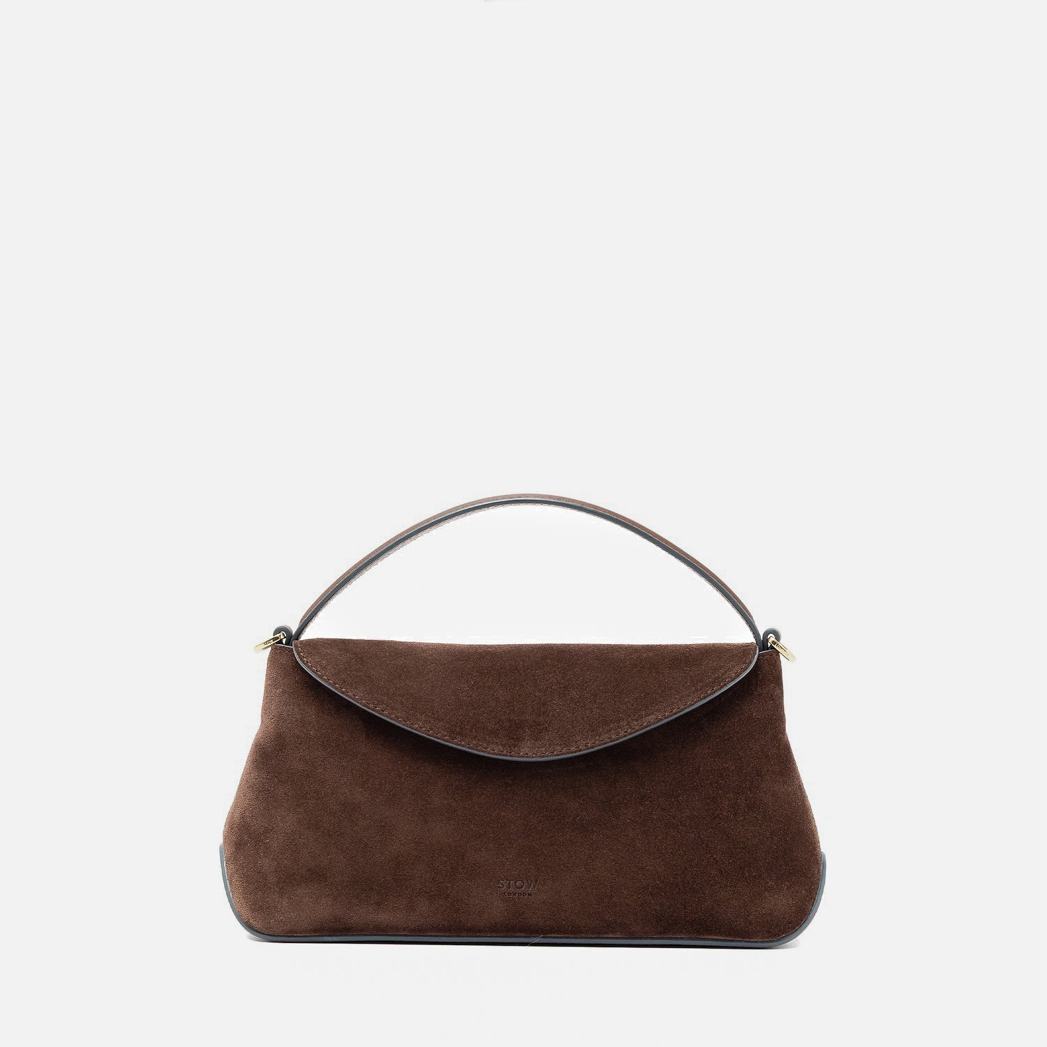STOW London's Mini East West in Chocolate suede leather featuring gold-coated stainless steel hardware on a light grey background