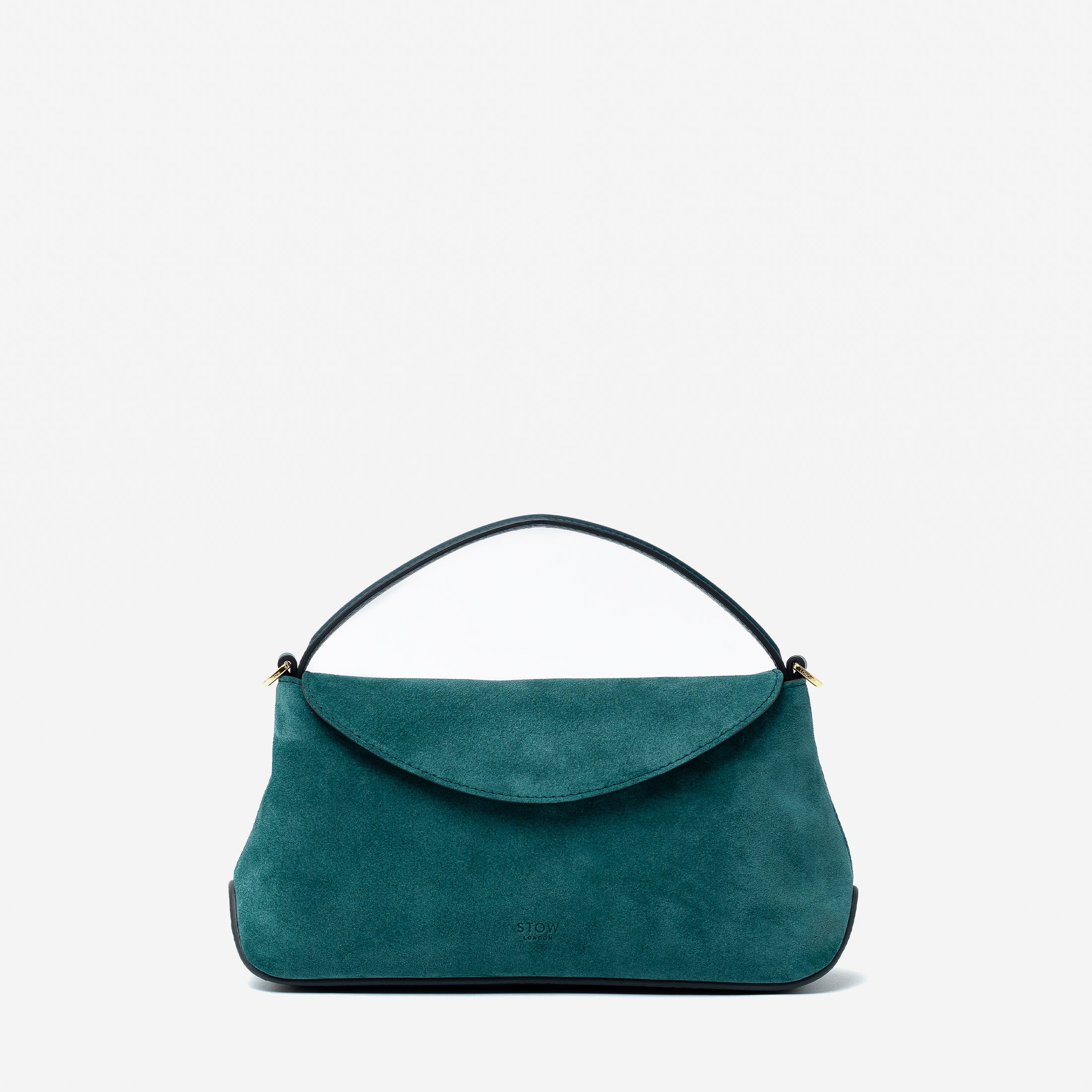 STOW London's Mini East West in Ocean Teal suede leather featuring gold-coated stainless steel hardware on a light grey background