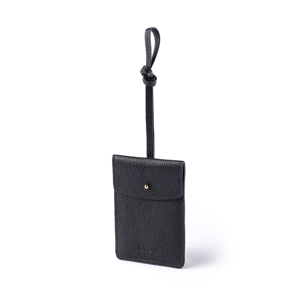 STOW Leather Multi Tag in Black pebbled leather.