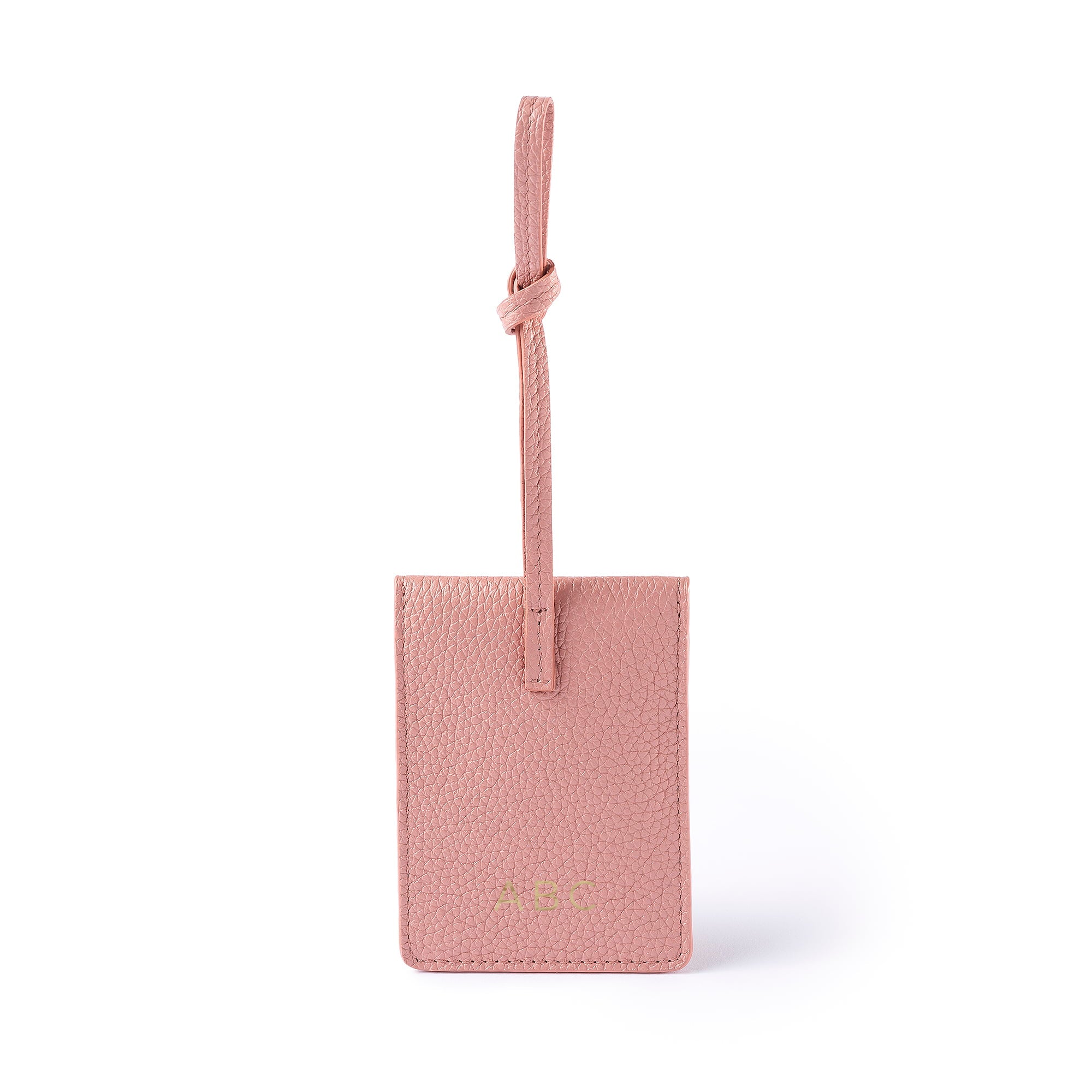 STOW Leather Multi Tag in Hazy Blush pebbled leather with personalised initials on the back.