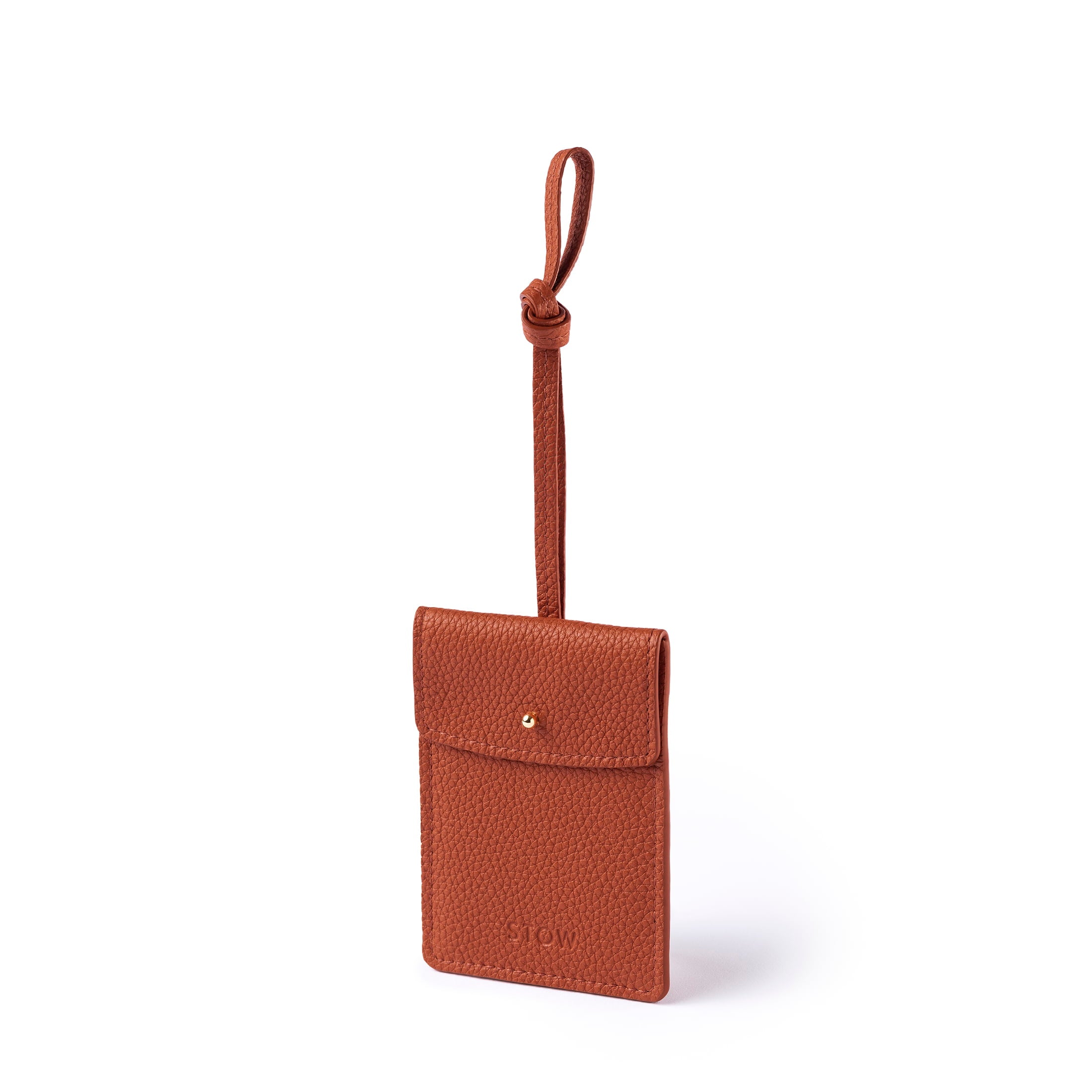 STOW London Leather Multi Tag in Clay Orange pebbled leather.