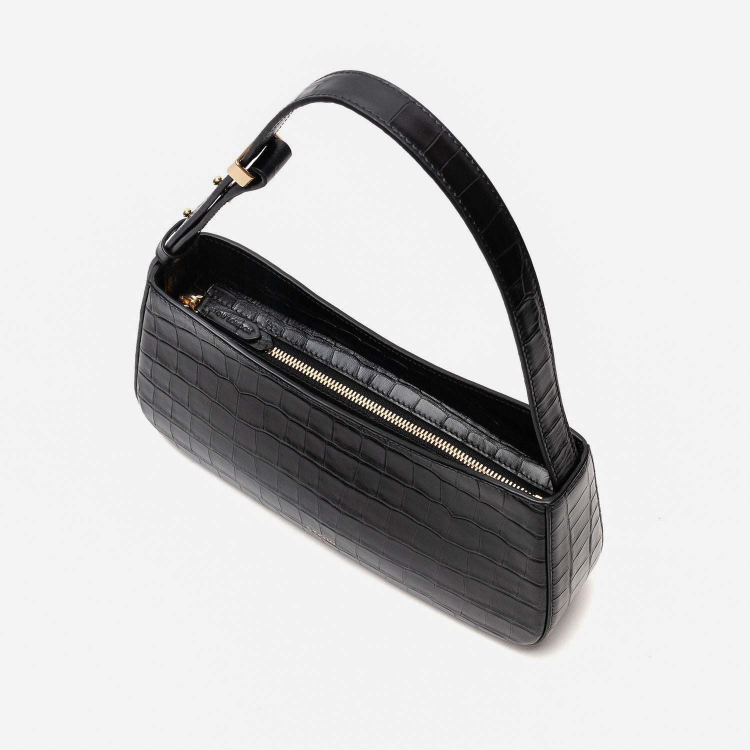 Top view of Stow London's Post Shoulder in Black Embossed Croc leather on a light grey background featuring gold-coated stainless steel hardware and zip closure