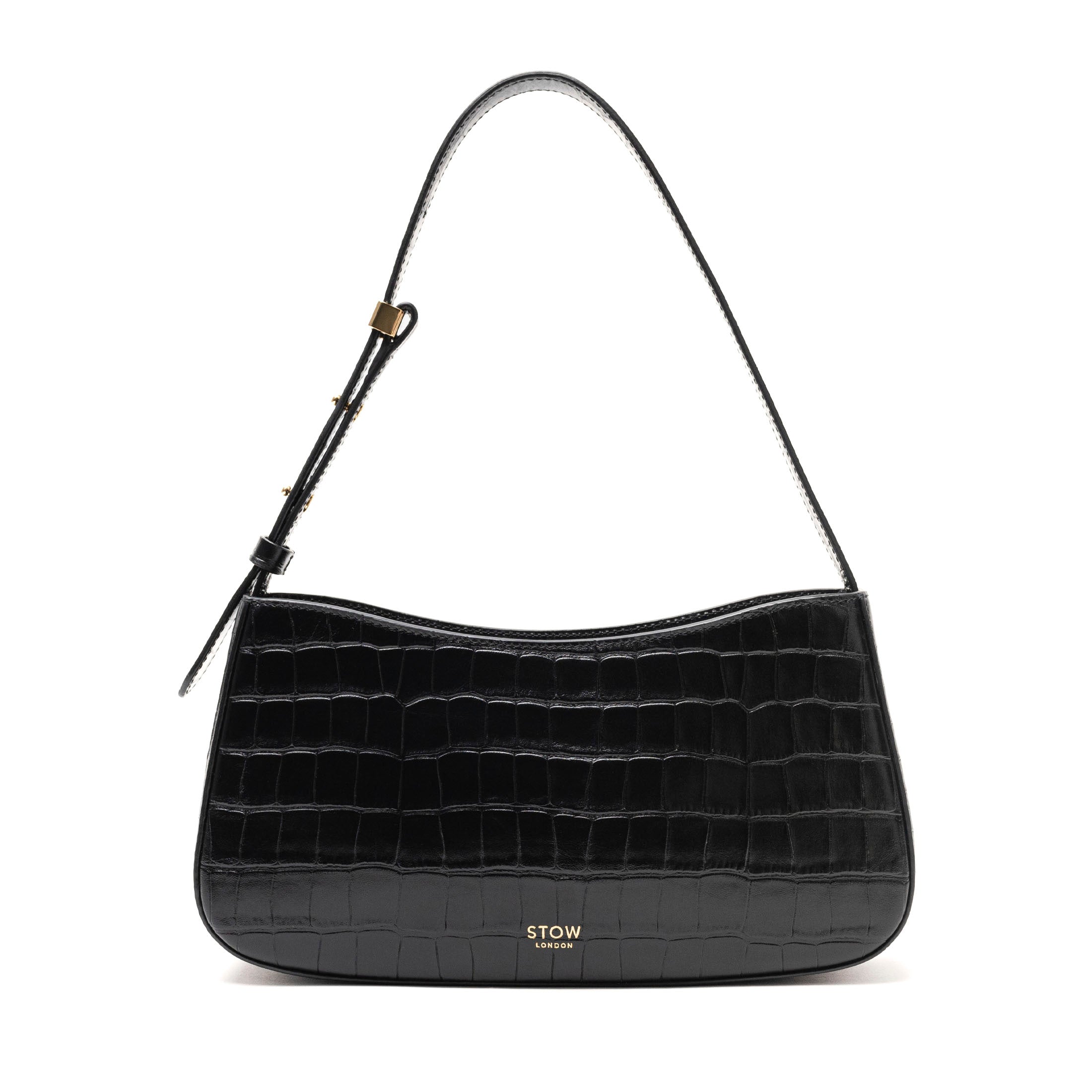 STOW London's Post Shoulder bag in Black Embossed Croc leather featuring gold-coated stainless steel hardware on a white background