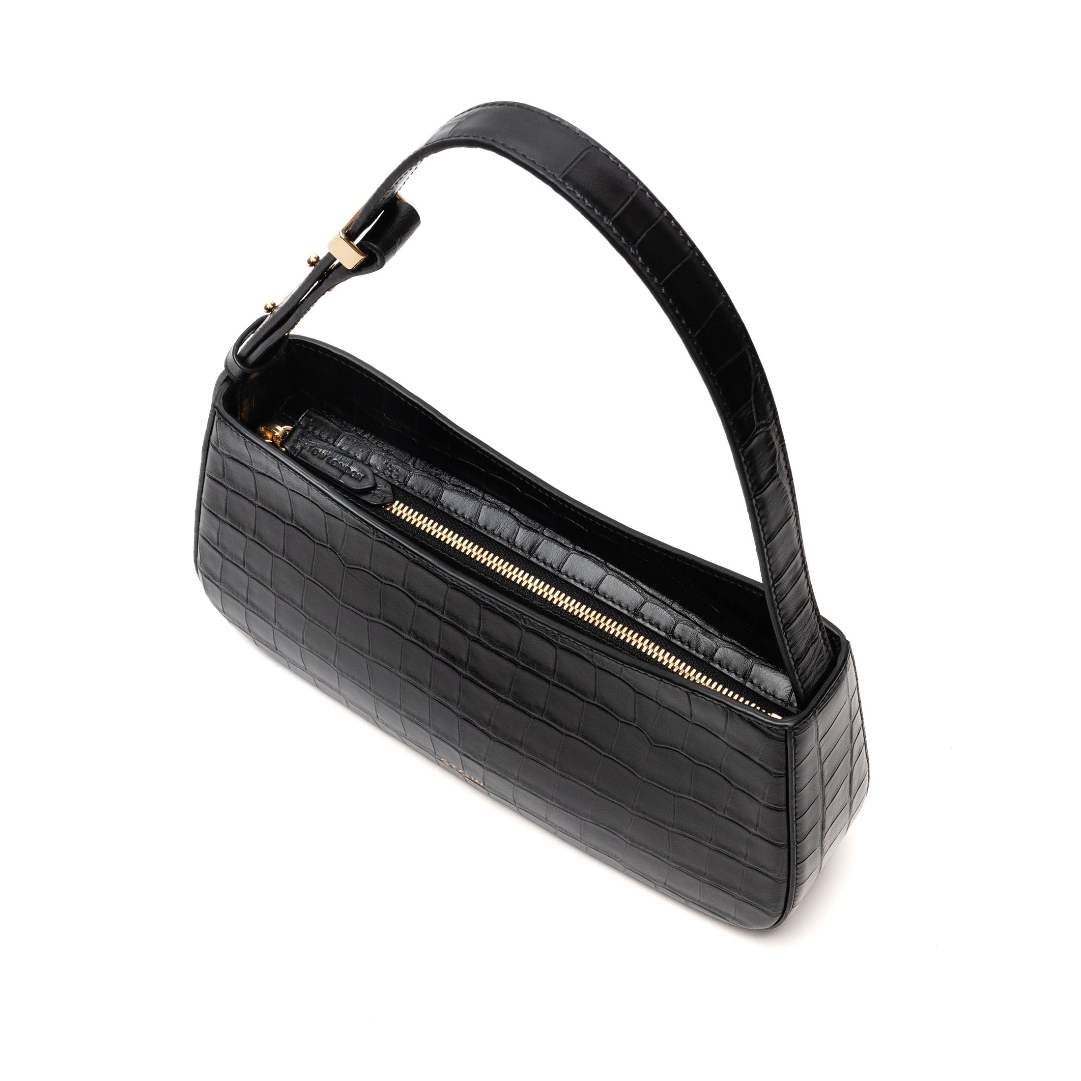 Top view of STOW London's Post Shoulder bag in Black Embossed Croc leather showing the bag's zip top closure featuring gold-coated stainless steel hardware on a white background