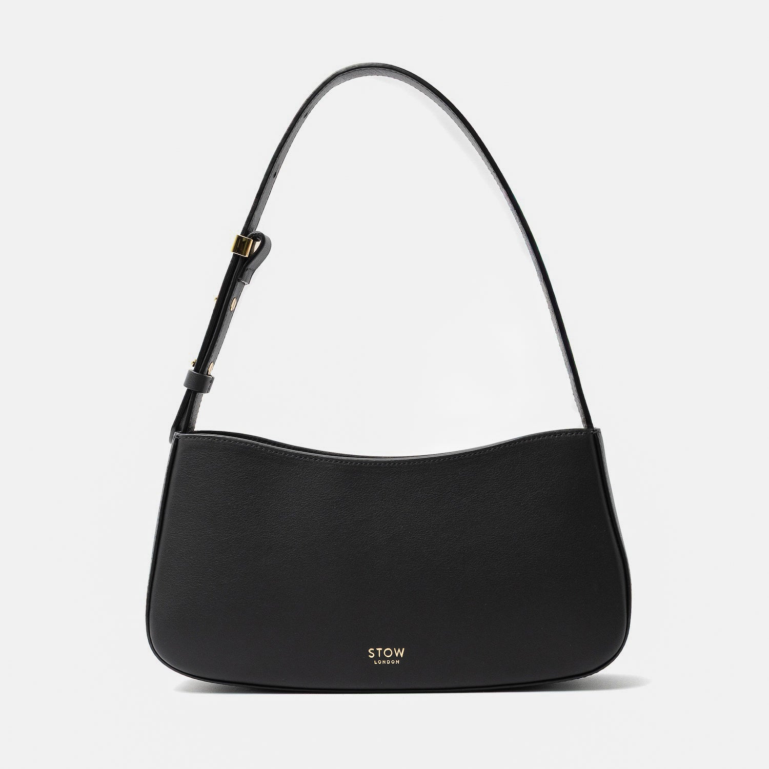 Stow London's Post Shoulder in Black smooth leather on a light grey background featuring gold STOW logo