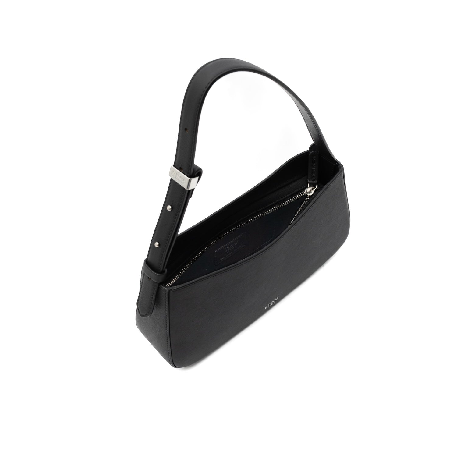 Top view of STOW London's Post Shoulder bag in Black smooth leather with the zip open showing part of the interior featuring silver hardware on a white background