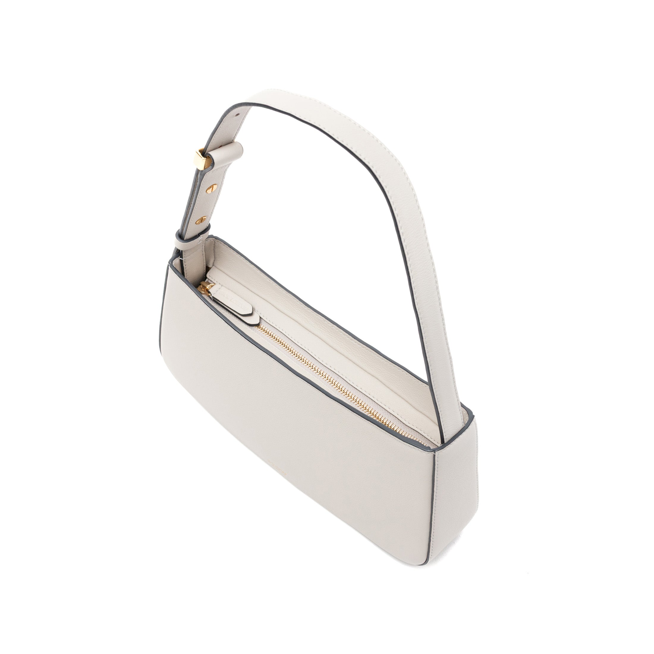 Top view of STOW London's Post Shoulder bag in Cloud Grey smooth leather showing the zip top closure featuring gold-coated stainless steel hardware on a white background
