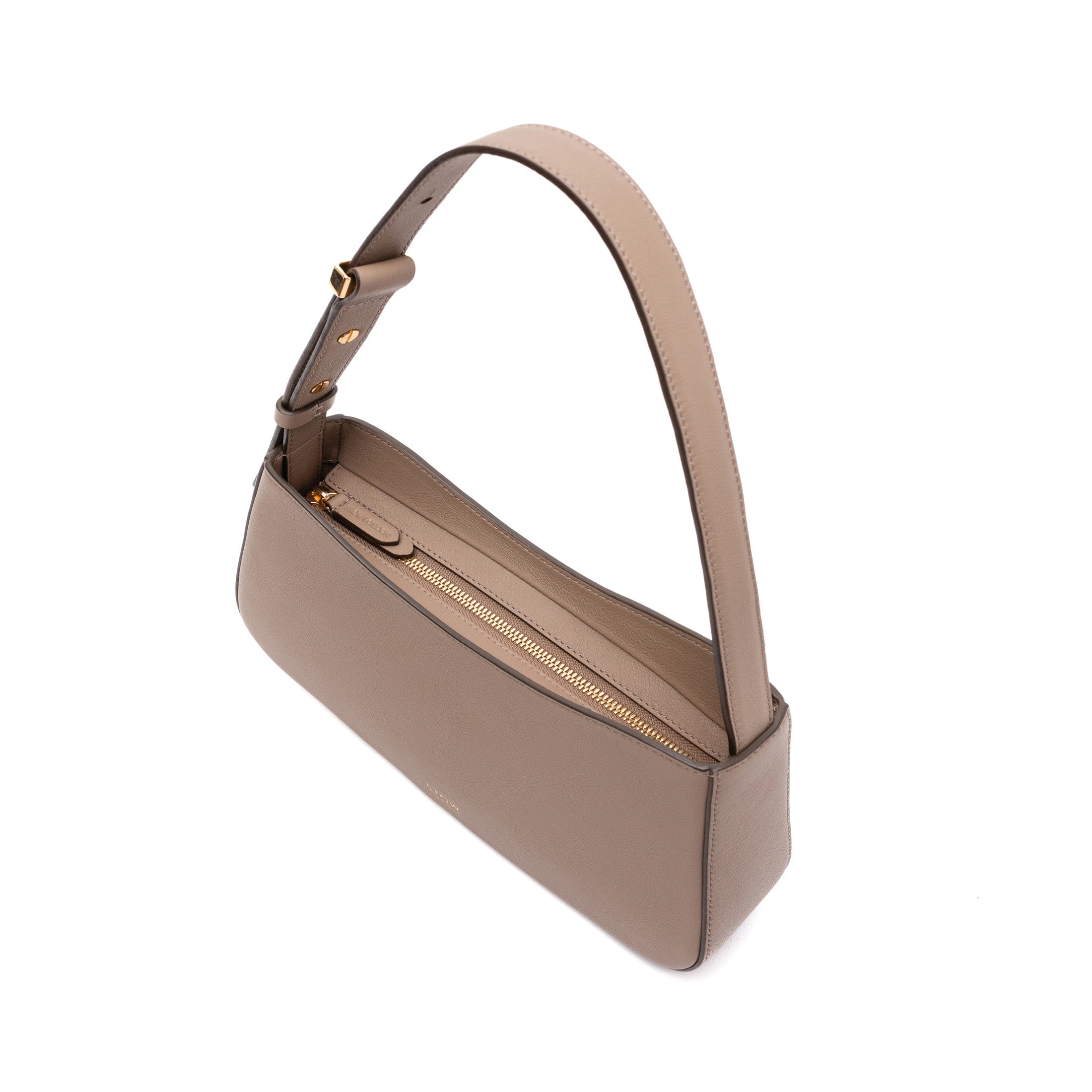 Top view of STOW London's Post Shoulder bag in Warm Taupe smooth leather showing the zip top closure featuring gold-coated stainless steel hardware on a white background
