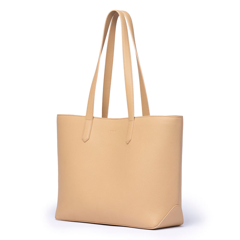 STOW Almond Leather Everyday Tote Bag shown diagonally.