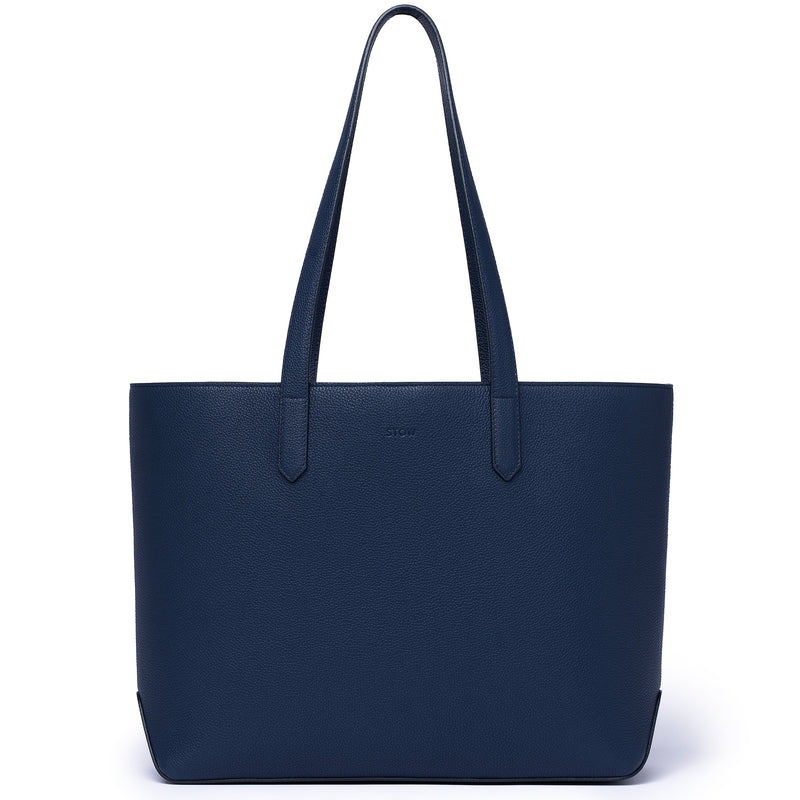 STOW Navy Leather Everyday Tote Bag. Front of bag being shown.