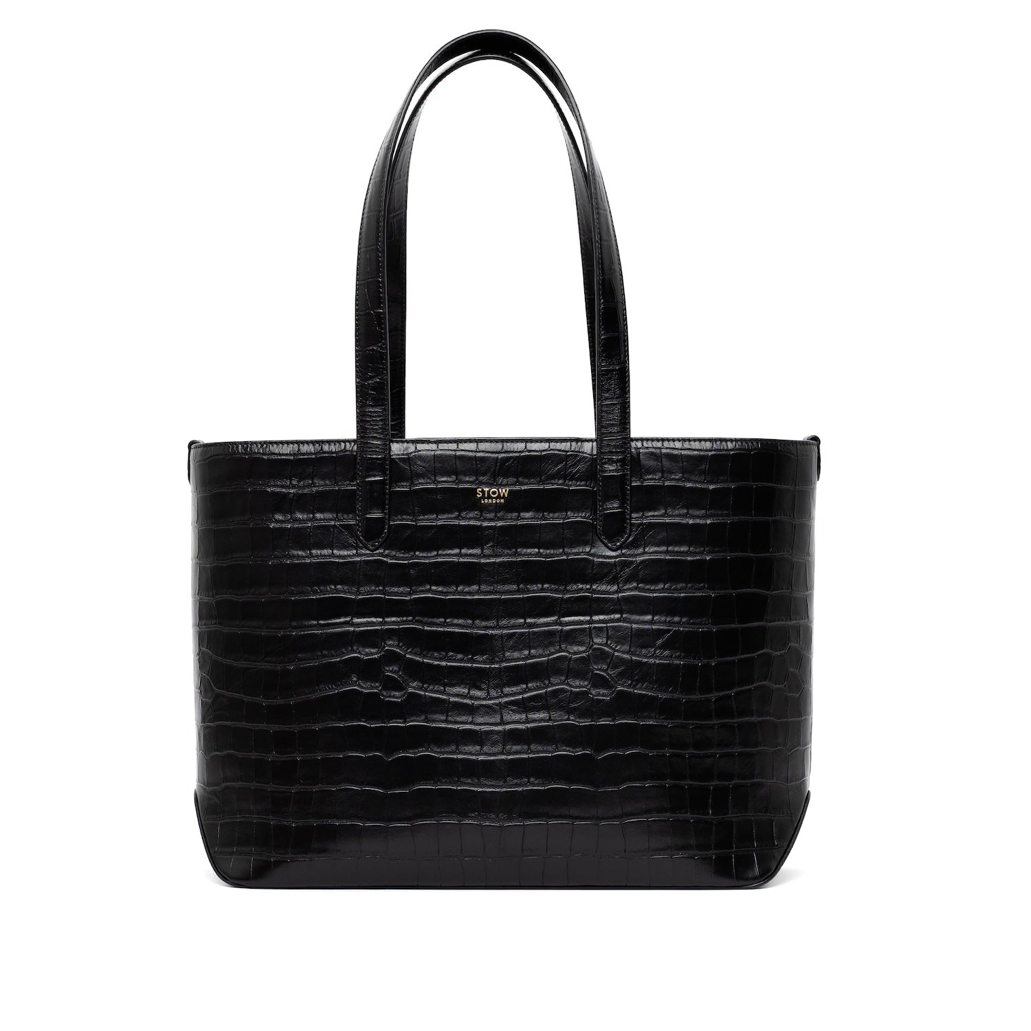 Black Embossed Croc Everyday Tote Bag shown with handles up on a white background