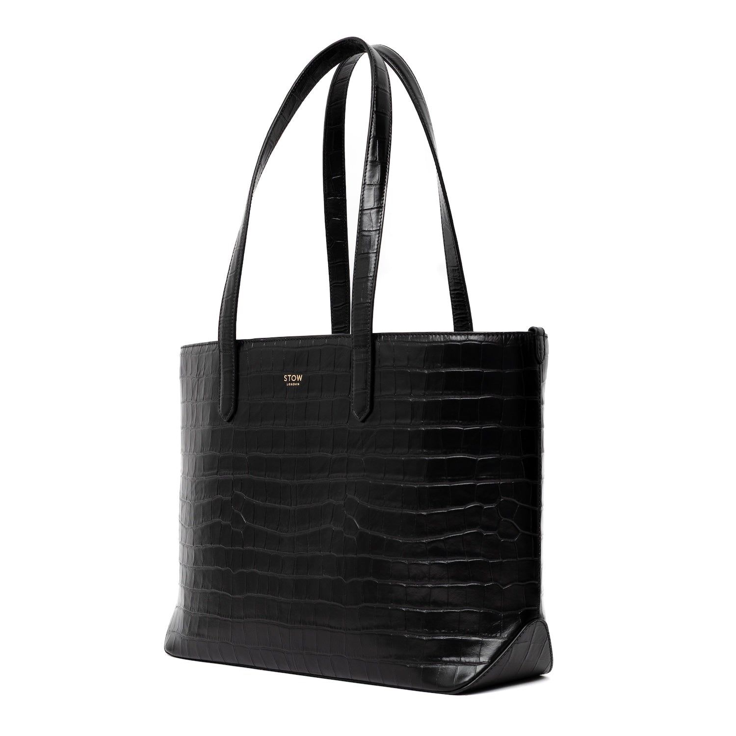 Off-axis view of Black Embossed Croc Everyday Tote Bag shown on a white background