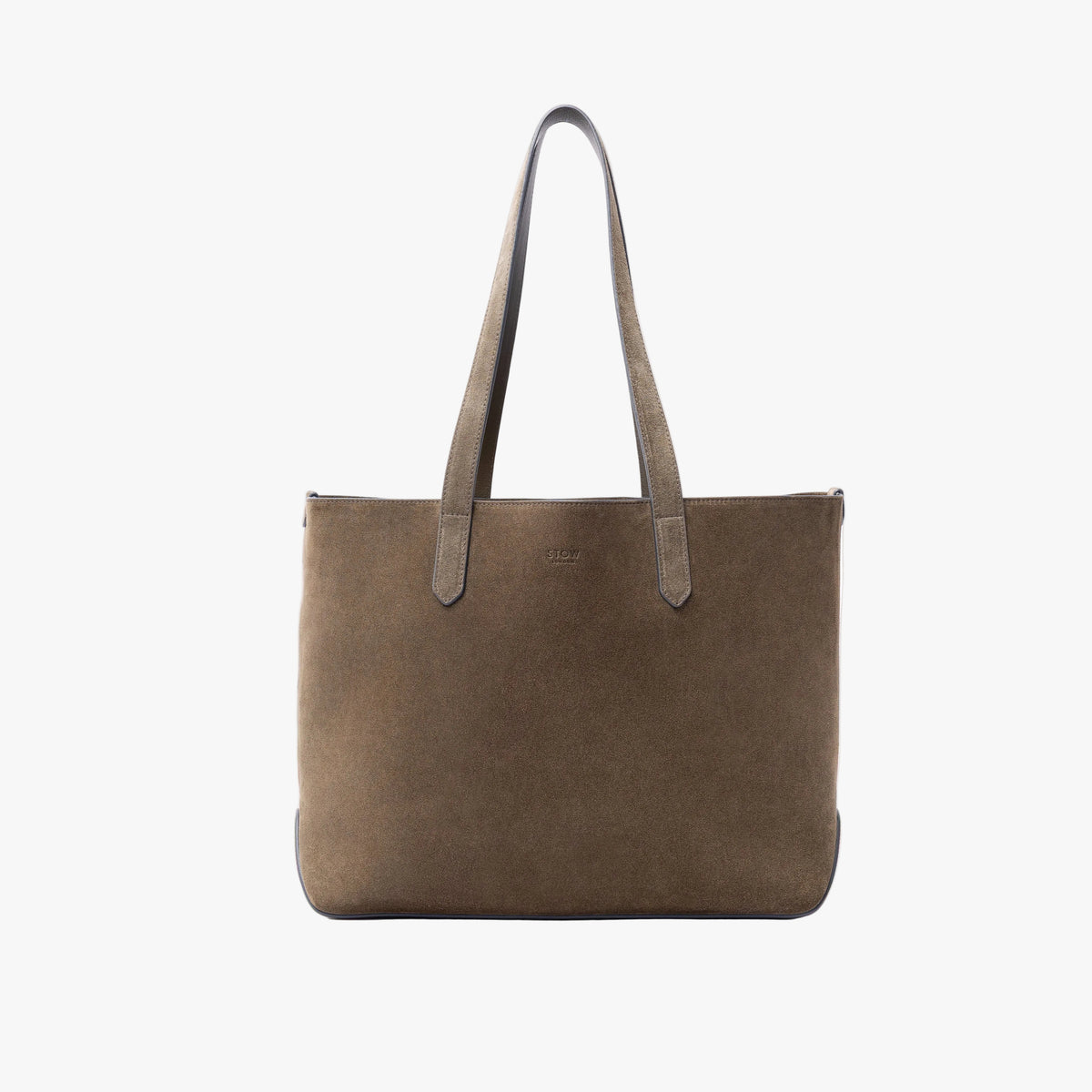 STOW London's Everyday Tote bag in Dark Green suede on a light grey background featuring a small STOW London logo embossed on the front panel
