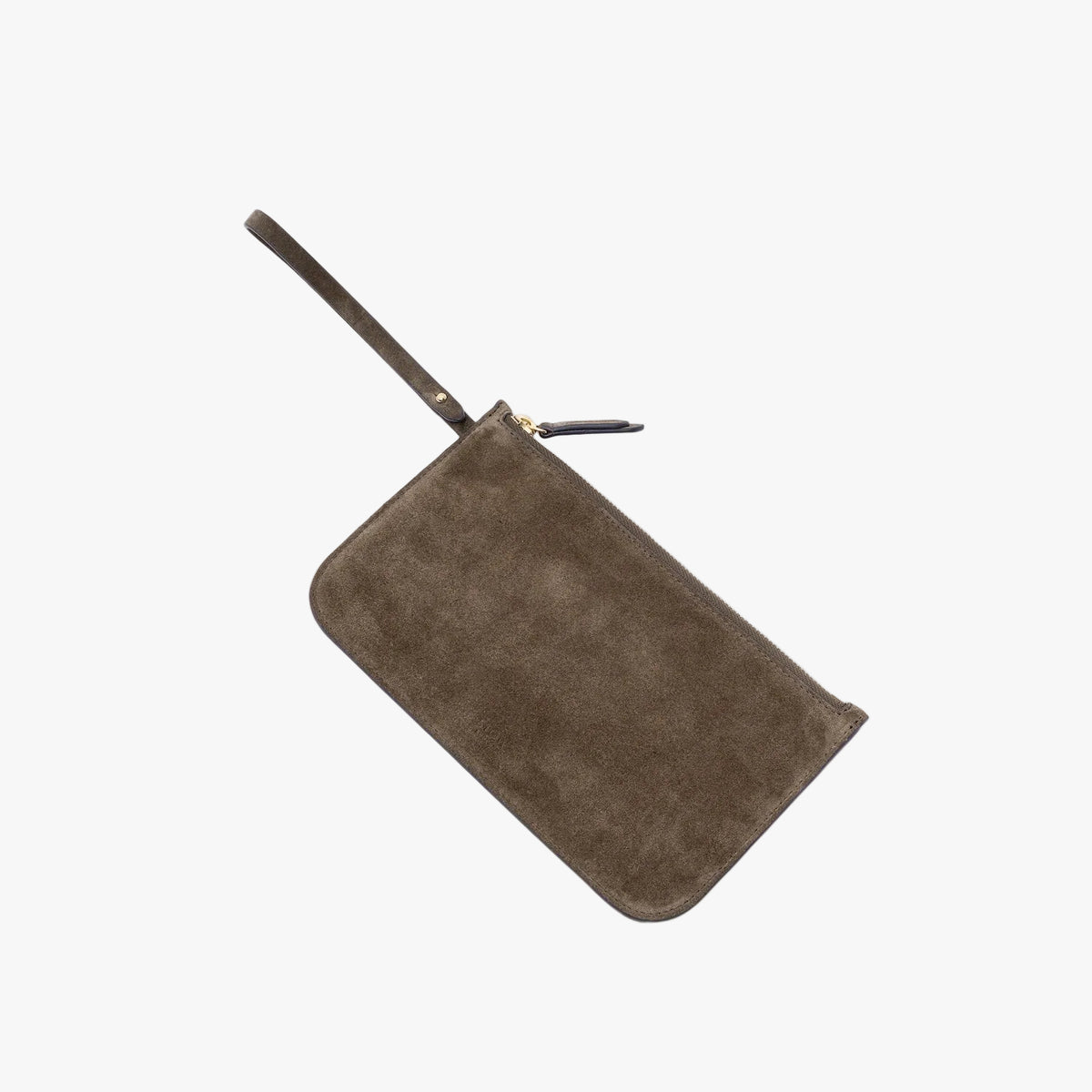 The matching, detachable internal zip pouch from STOW London's Everyday Tote bag in Dark Green suede on a light grey background featuring a small STOW London logo embossed on the front panel