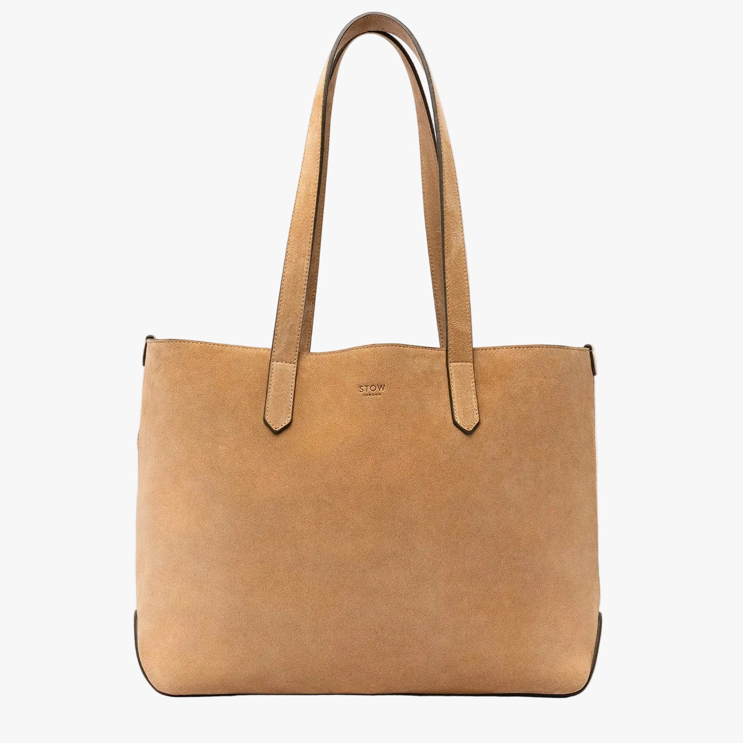 STOW London's Everyday Tote bag in Soft Sand suede on a light grey background featuring a small STOW London logo embossed on the front panel 