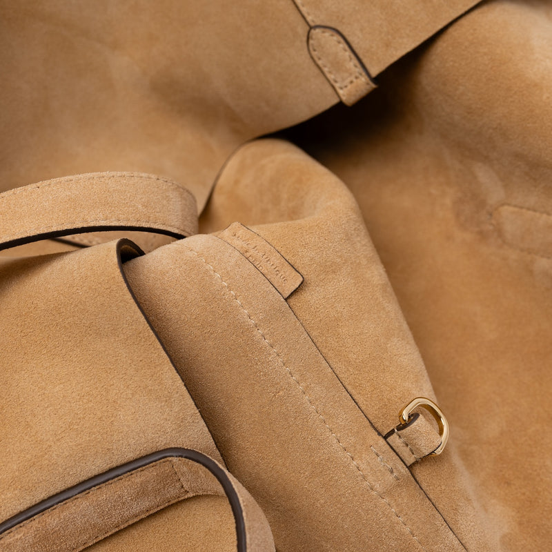 Close up of the interior d-ring and Made In Ubrique tag on STOW London's Everyday Tote bag in Soft Sand suede 