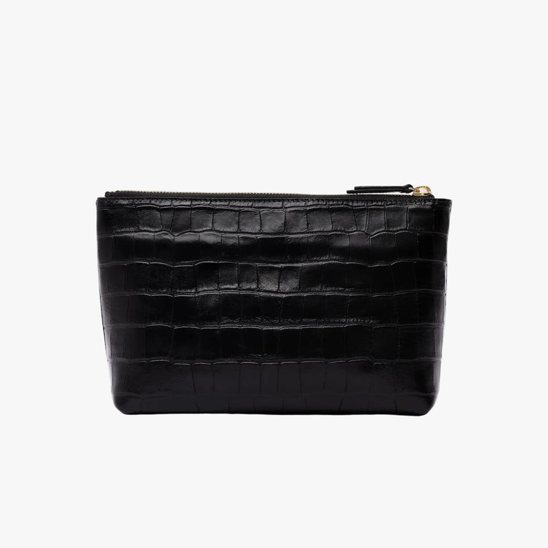 Back panel of STOW London's travel pouch in Black Embossed Croc leather on a light grey background featuring a YKK zip 