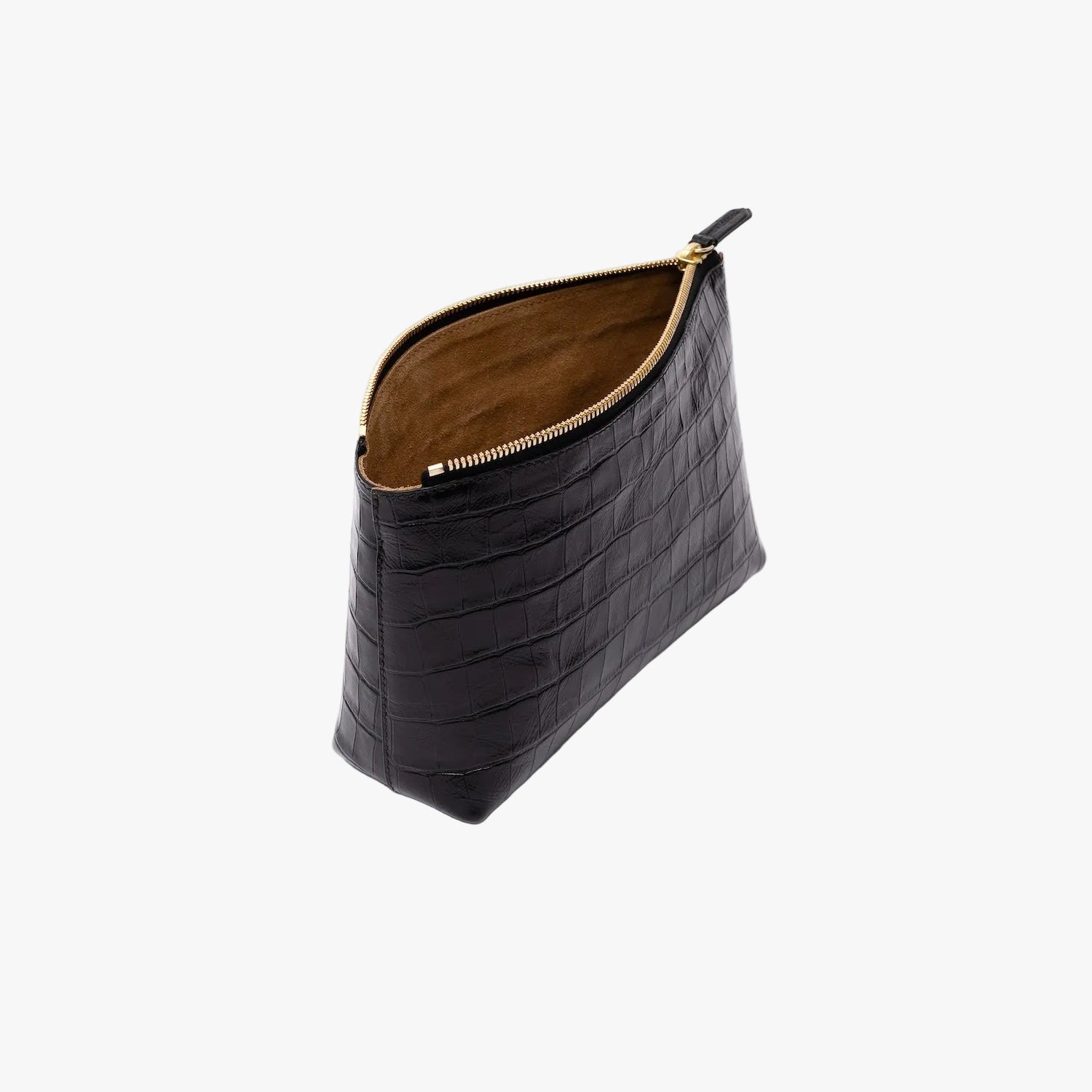 Off-axis view of STOW London's travel pouch in Black Embossed Croc leather on a light grey background with zipper open showing the cognac suede interior 