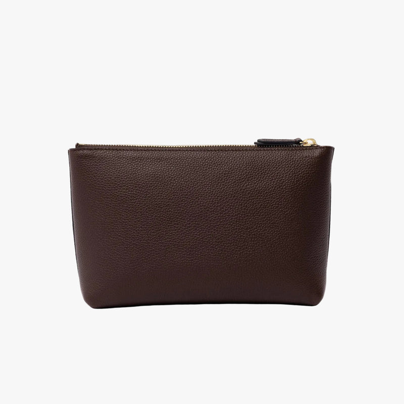 Back panel of STOW London's travel pouch in Espresso pebbled leather on a light grey background featuring a YKK zip 