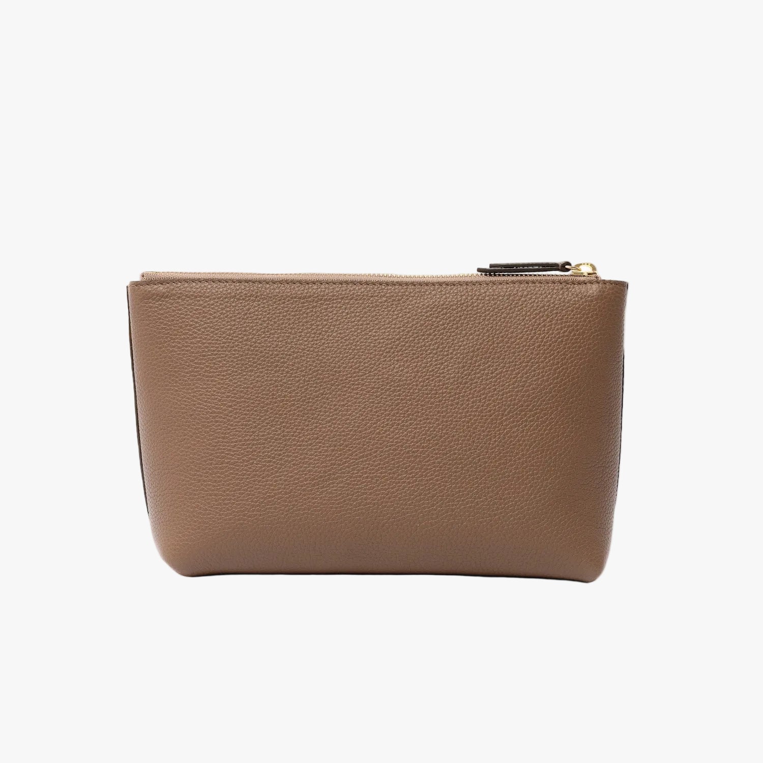 Back panel of STOW London's travel pouch in Mocha pebbled leather on a light grey background featuring a YKK 
